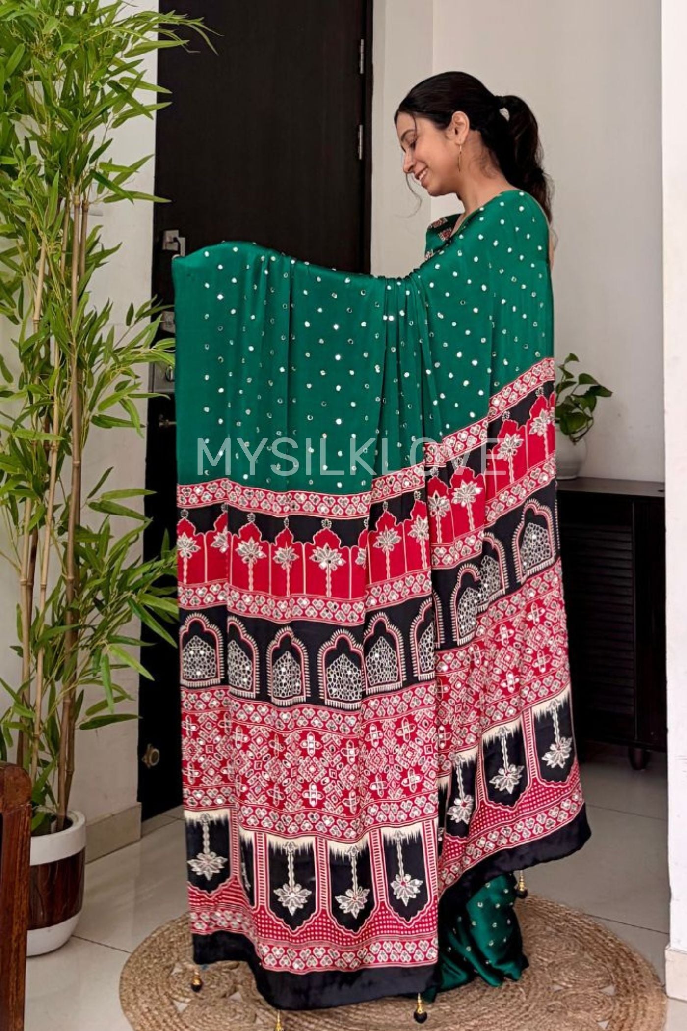 Buy MySilkLove Fire Fly Green Ajrakh Satin Printed Mirror Work Saree Online