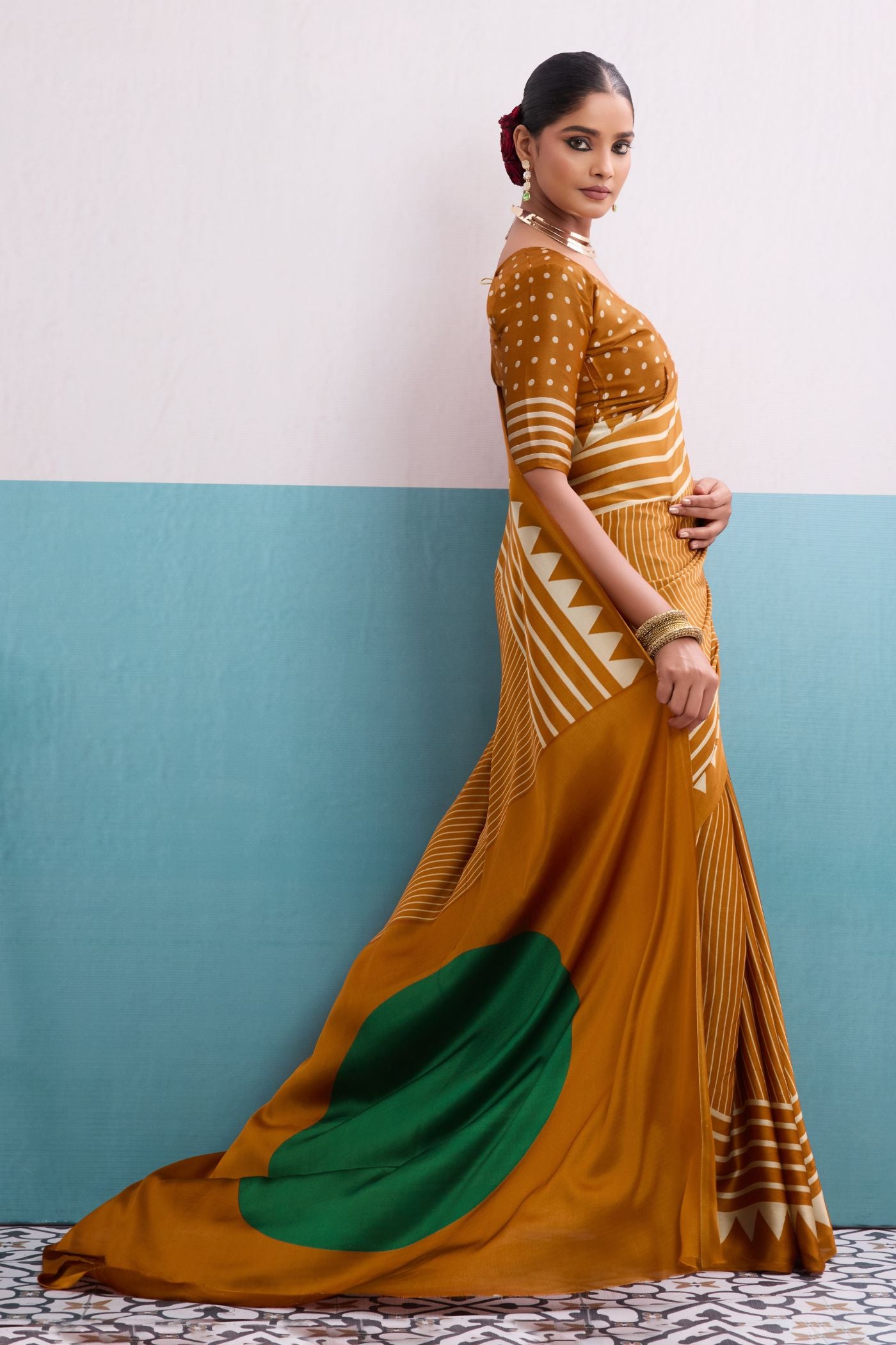 Buy MySilkLove Sunbeam Yellow Stripe Ajrakh Printed Satin Crepe Silk Saree Online