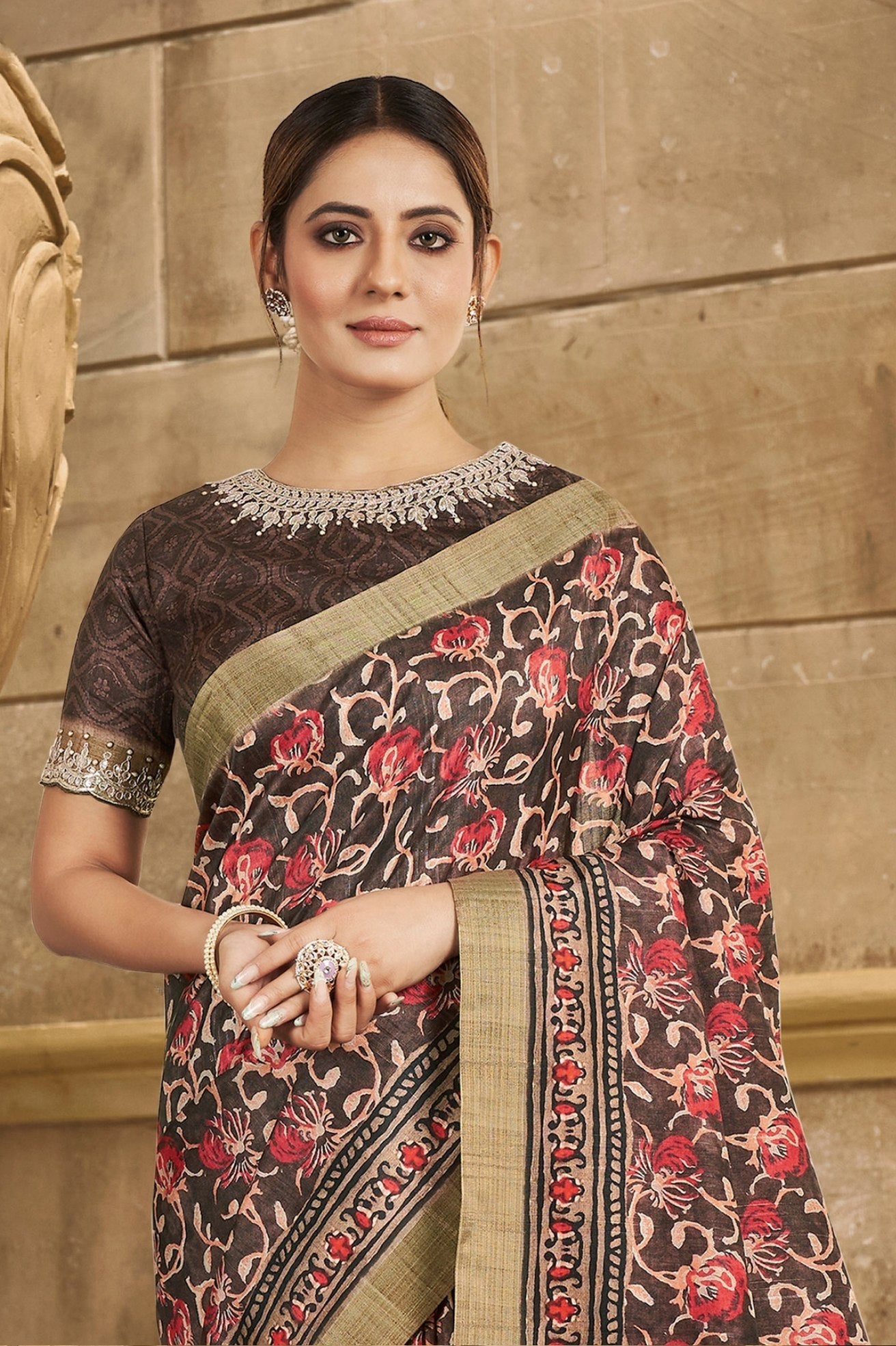 Buy MySilkLove Roman Coffee Brown Banarasi Designer Saree Online