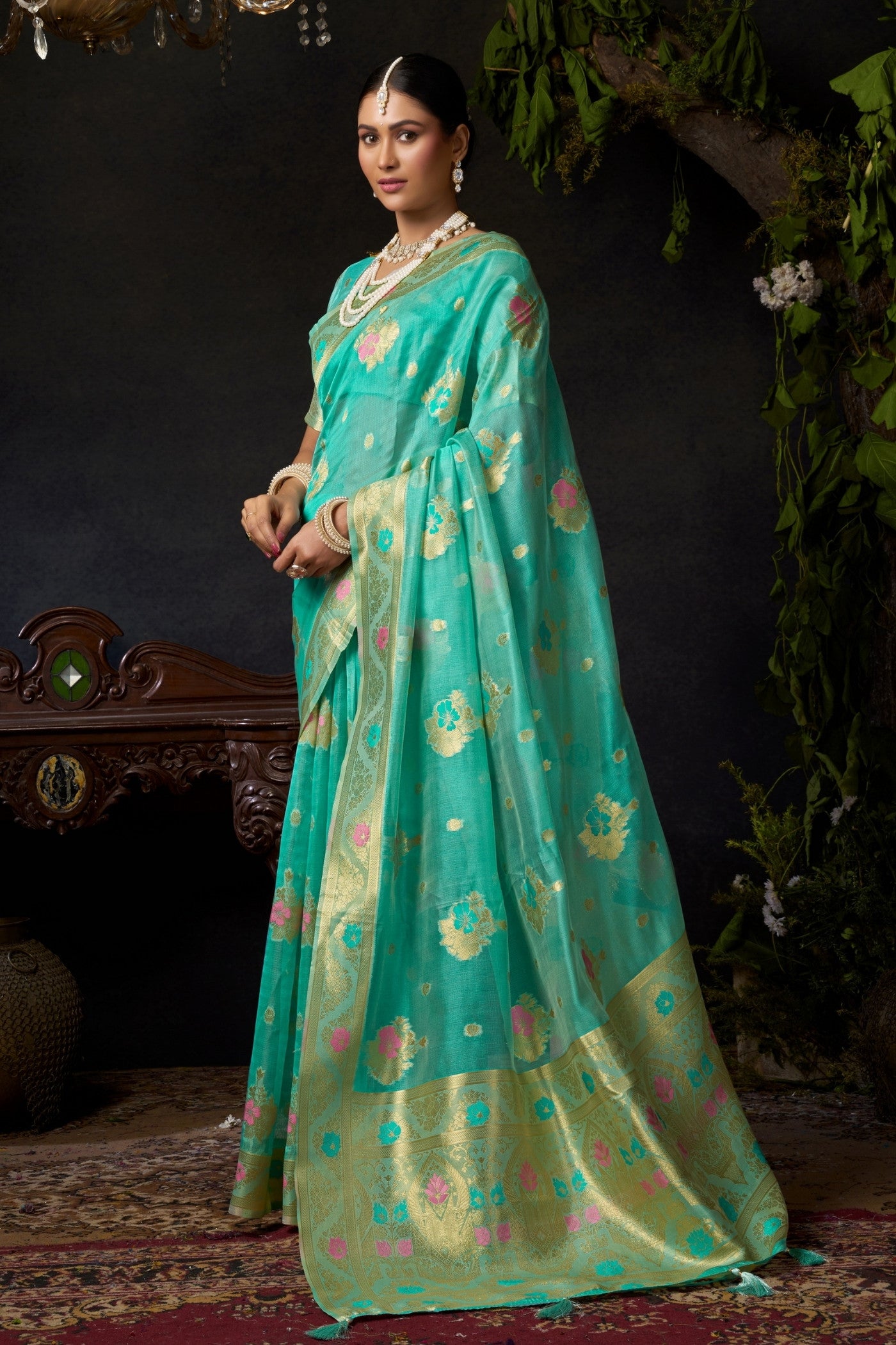 Buy MySilkLove Sky Blue Woven Banarasi Organza Saree Online