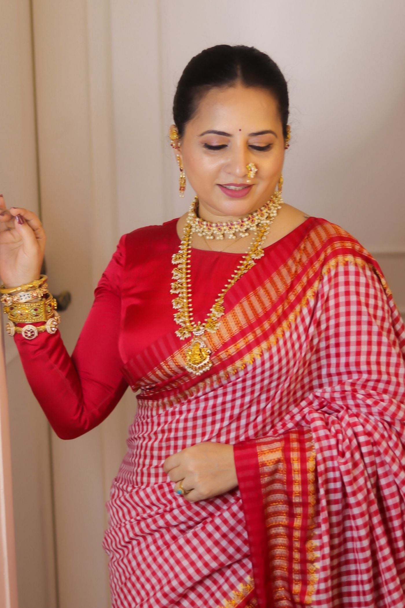 Buy MySilkLove Cherry Red Checks Pattern Pure Silk Irkal Saree Online