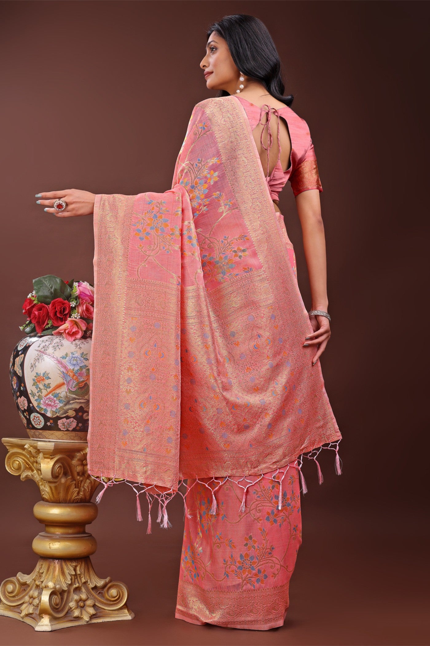Buy MySilkLove Dusky Peach Linen Cotton Saree Online