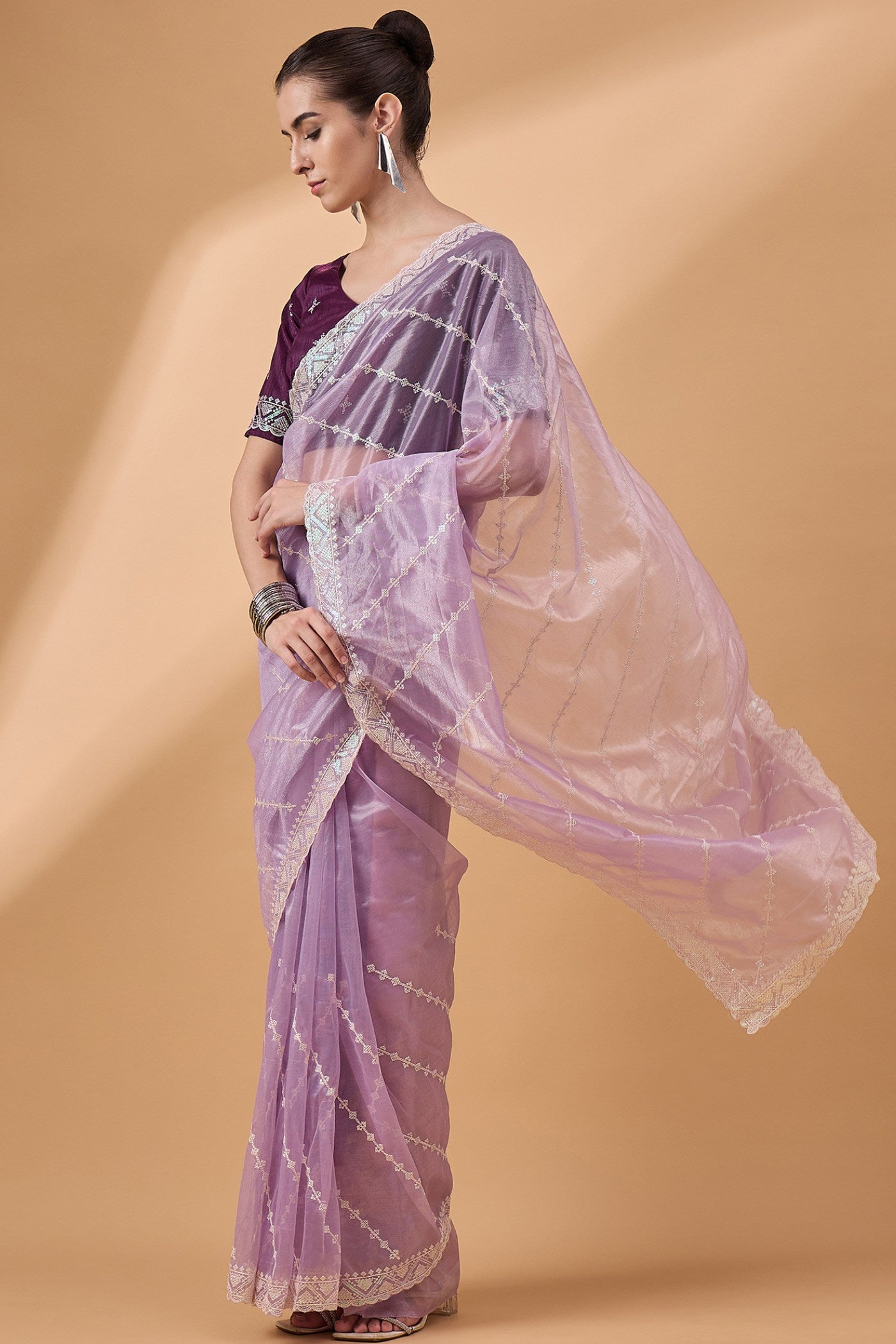 Buy MySilkLove Mountbatten Purple Organza Partywear Saree Online