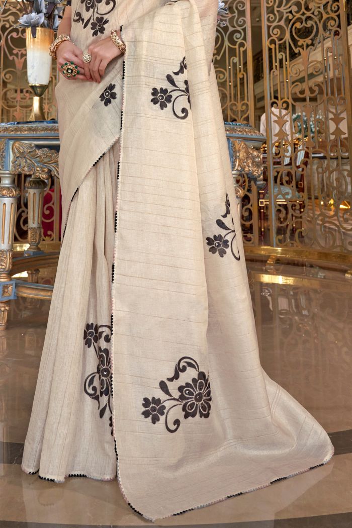 Buy MySilkLove Stark White and Black Woven Tussar Floral Silk Saree Online