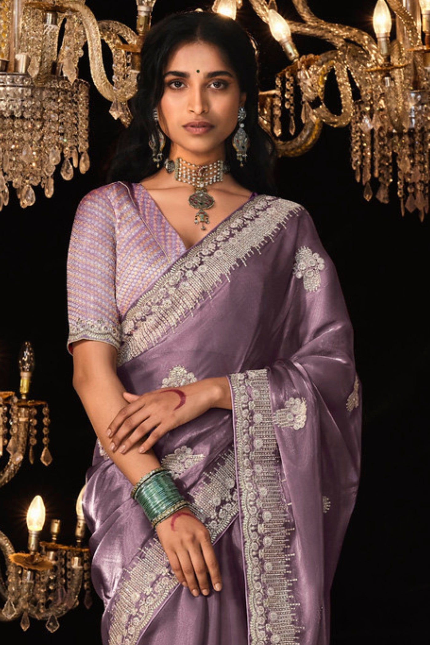 Buy MySilkLove Old Rose Purple Tissue Embroidered Designer Saree Online