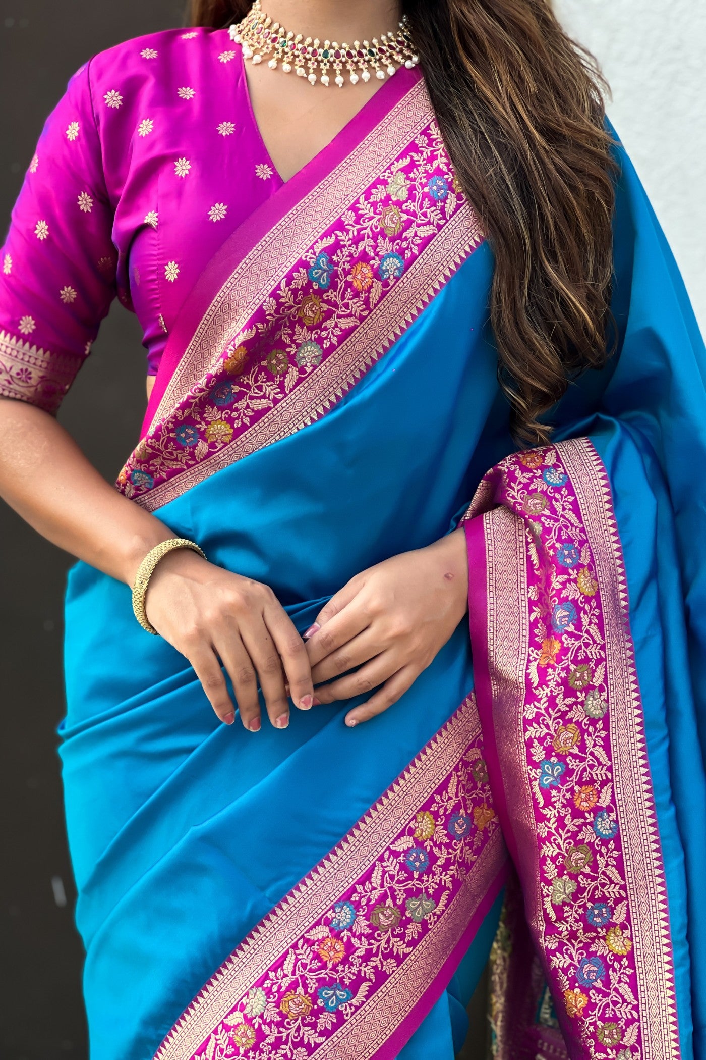 Buy MySilkLove Electric Blue and Pink Zari Woven Paithani Saree Online