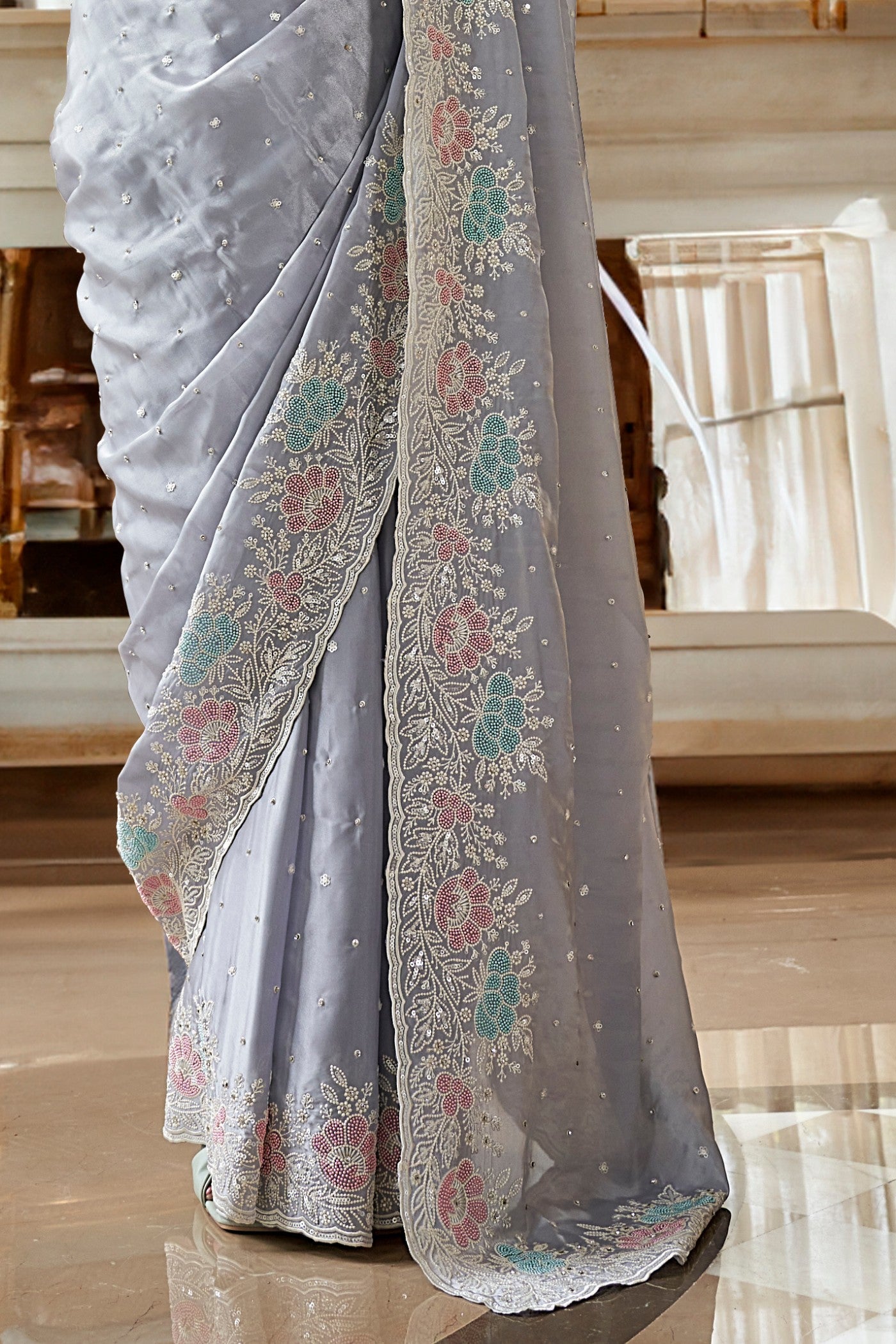 Buy MySilkLove Silver Grey Embroidery Designer Saree Online