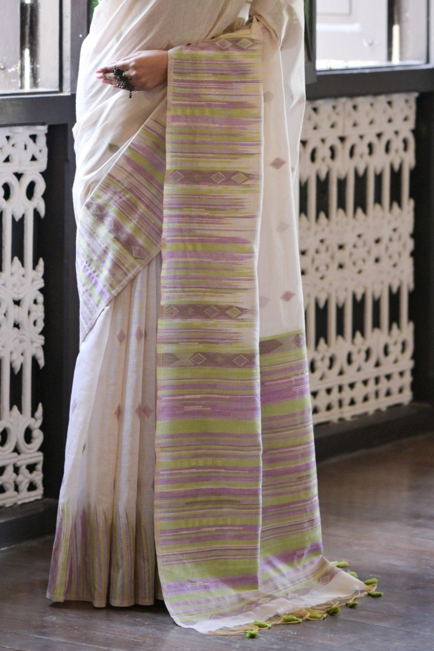 Buy MySilkLove White Rose and Green Muga Cotton Saree Online