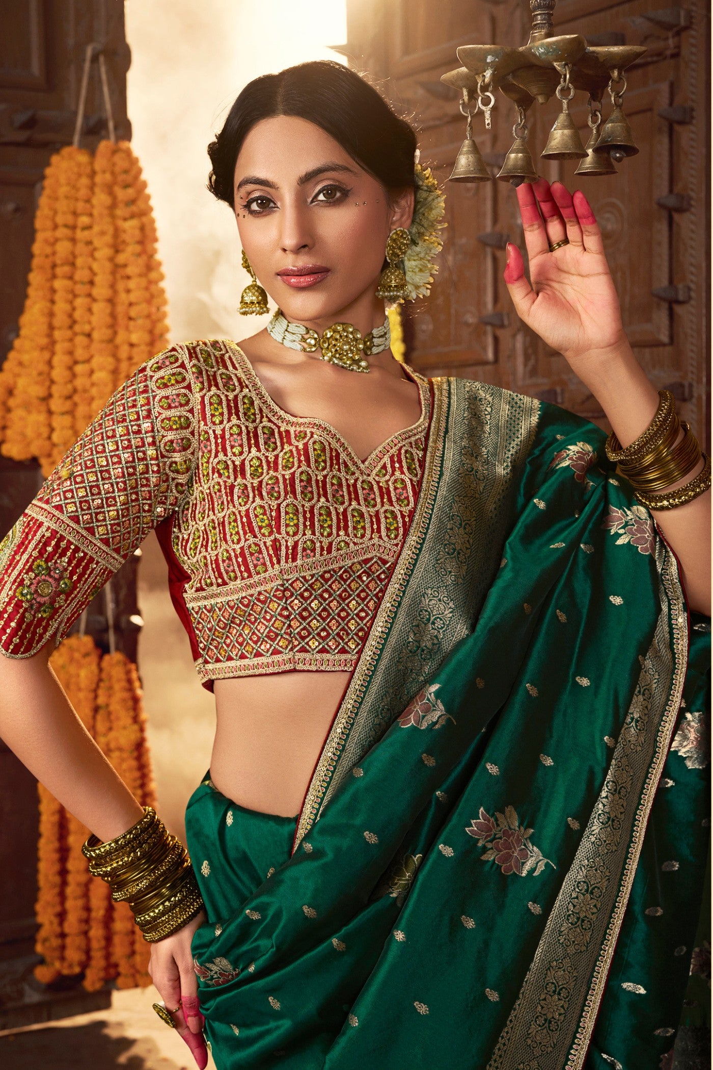 Buy MySilkLove Bottle Green Designer Banarasi Saree Online