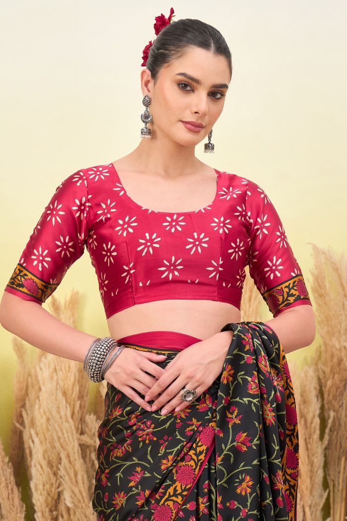 Buy MySilkLove Black Eel Modal Satin Printed Silk Saree Online
