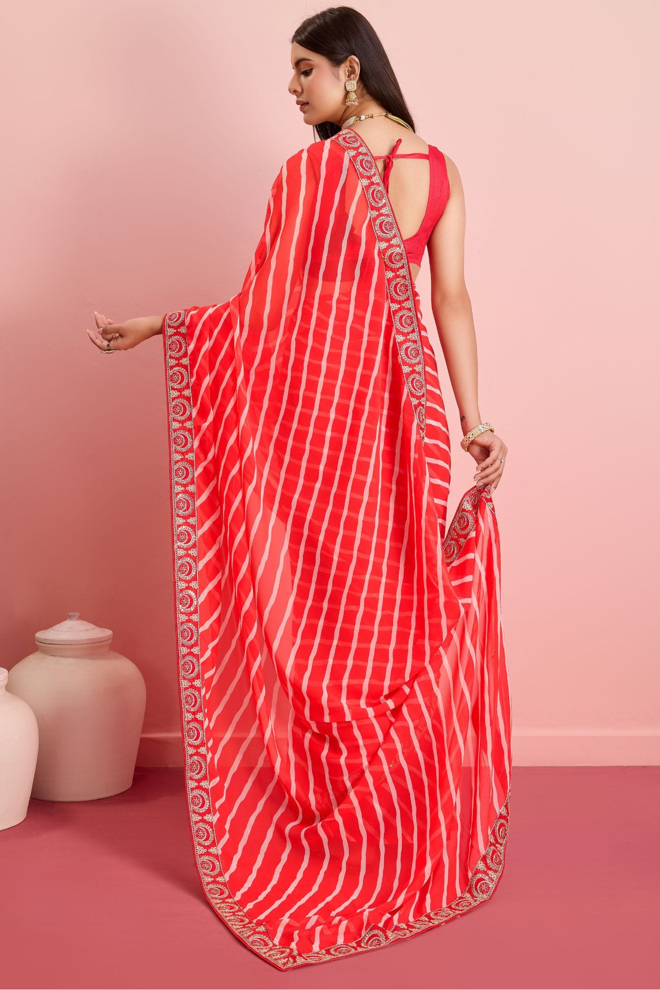 Buy MySilkLove Monza Red Georgette Lehriya Silk saree Online