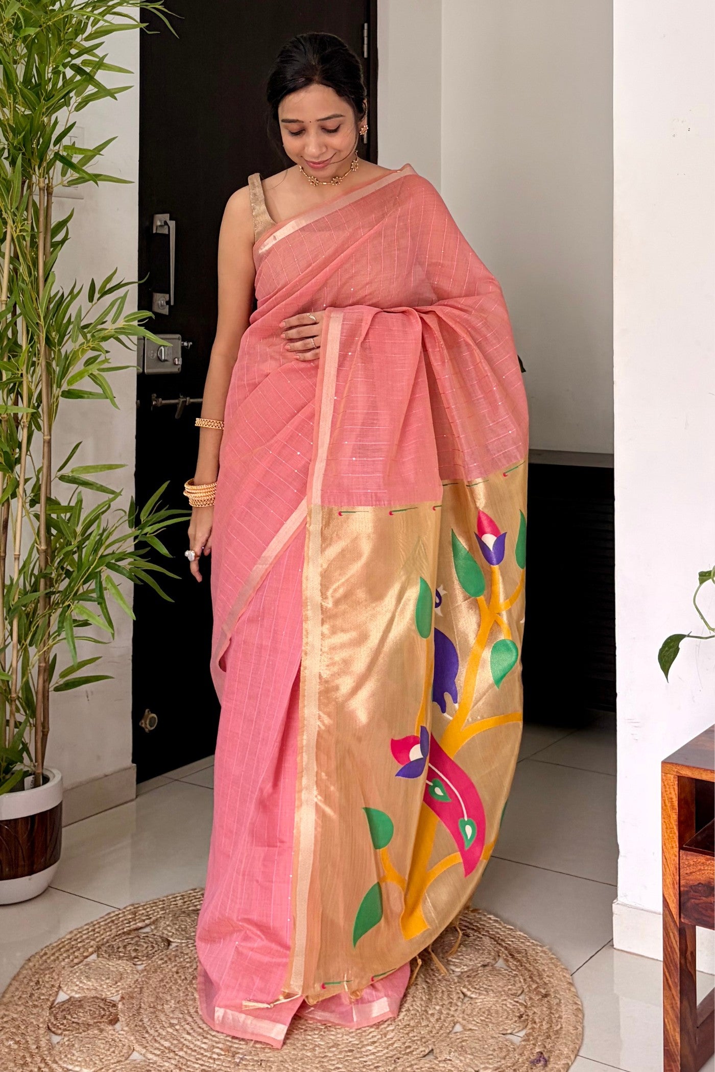 Buy MySilkLove Froly Pink Jamdani Cotton Tissue Paithani Saree Online