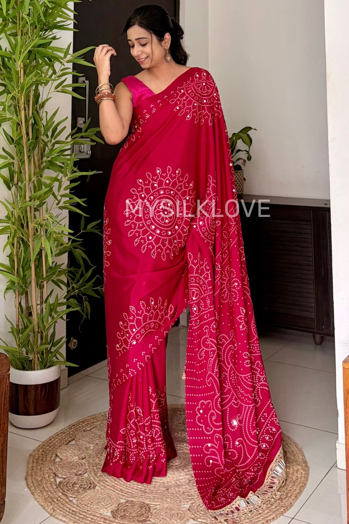 Buy MySilkLove Punch Pink Bandhani Gaji Satin Mirror Work Silk Crepe Saree Online