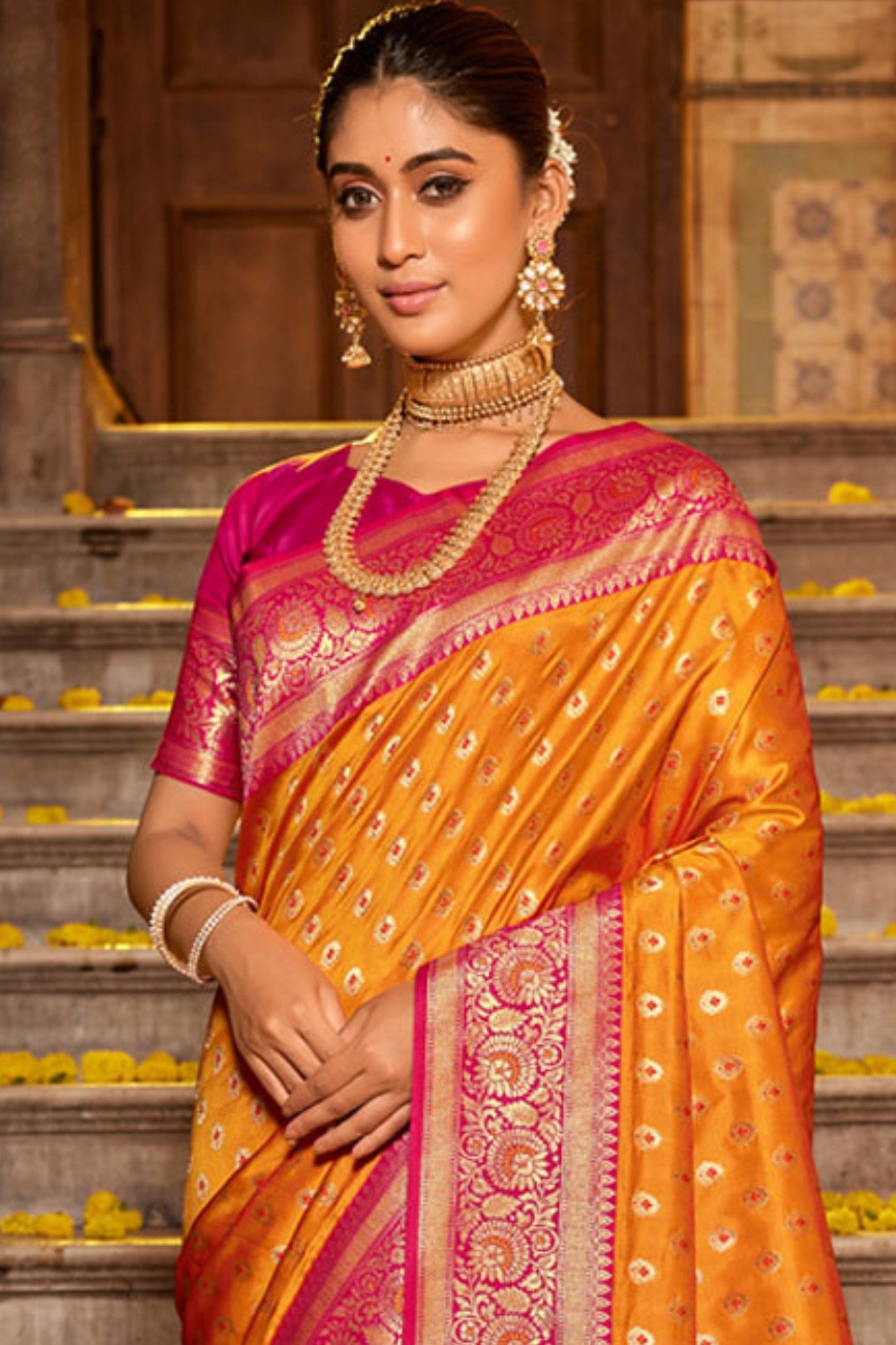 Buy MySilkLove Carrot Orange Zari Woven Banarasi Saree Online