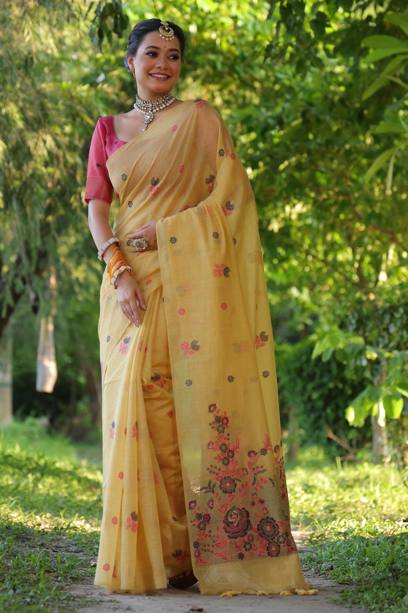 Buy MySilkLove Bright Yellow Muga Cotton Saree Online