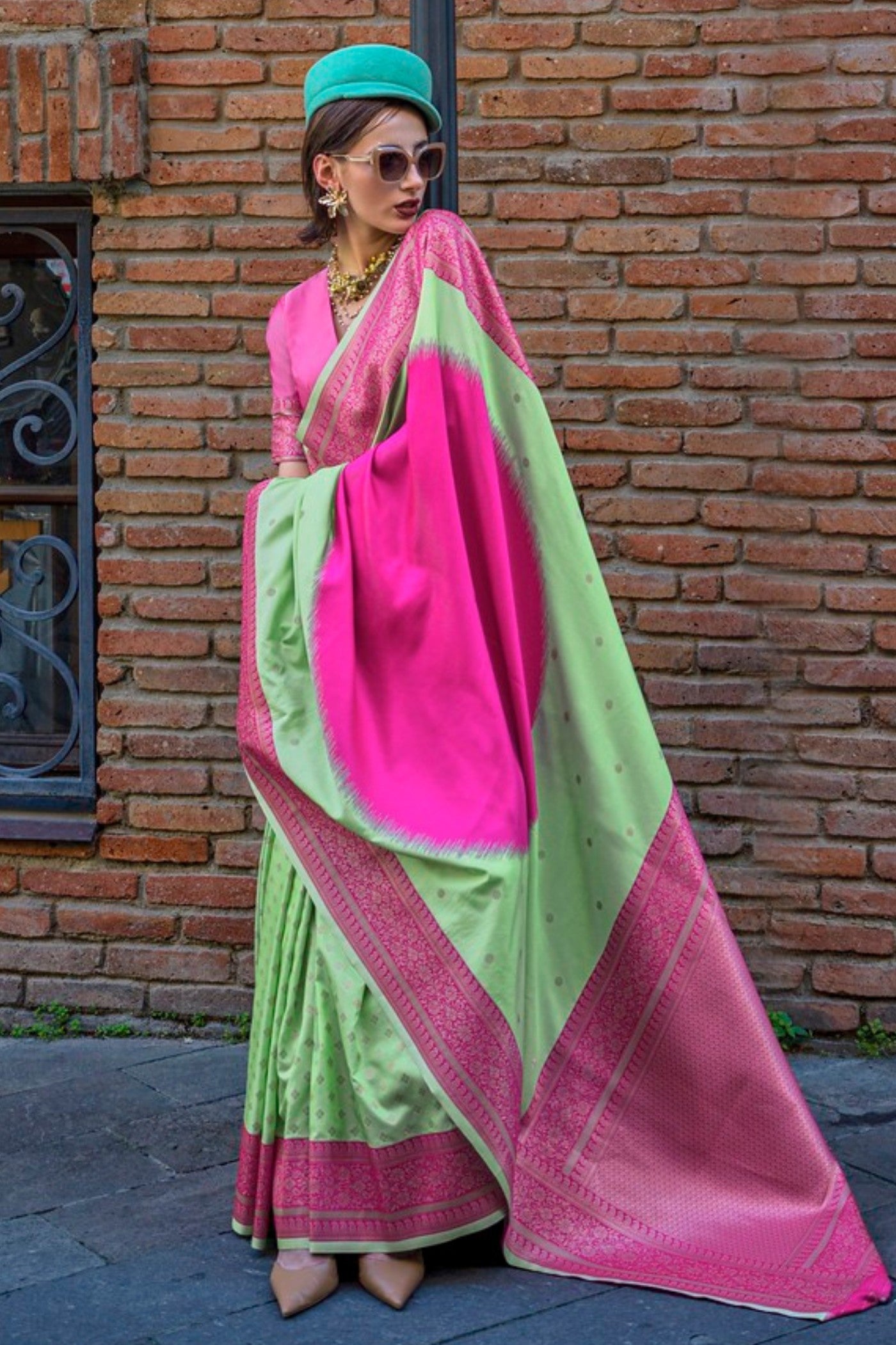 Buy MySilkLove Pista Green and Pink Banarasi Handloom Saree Online