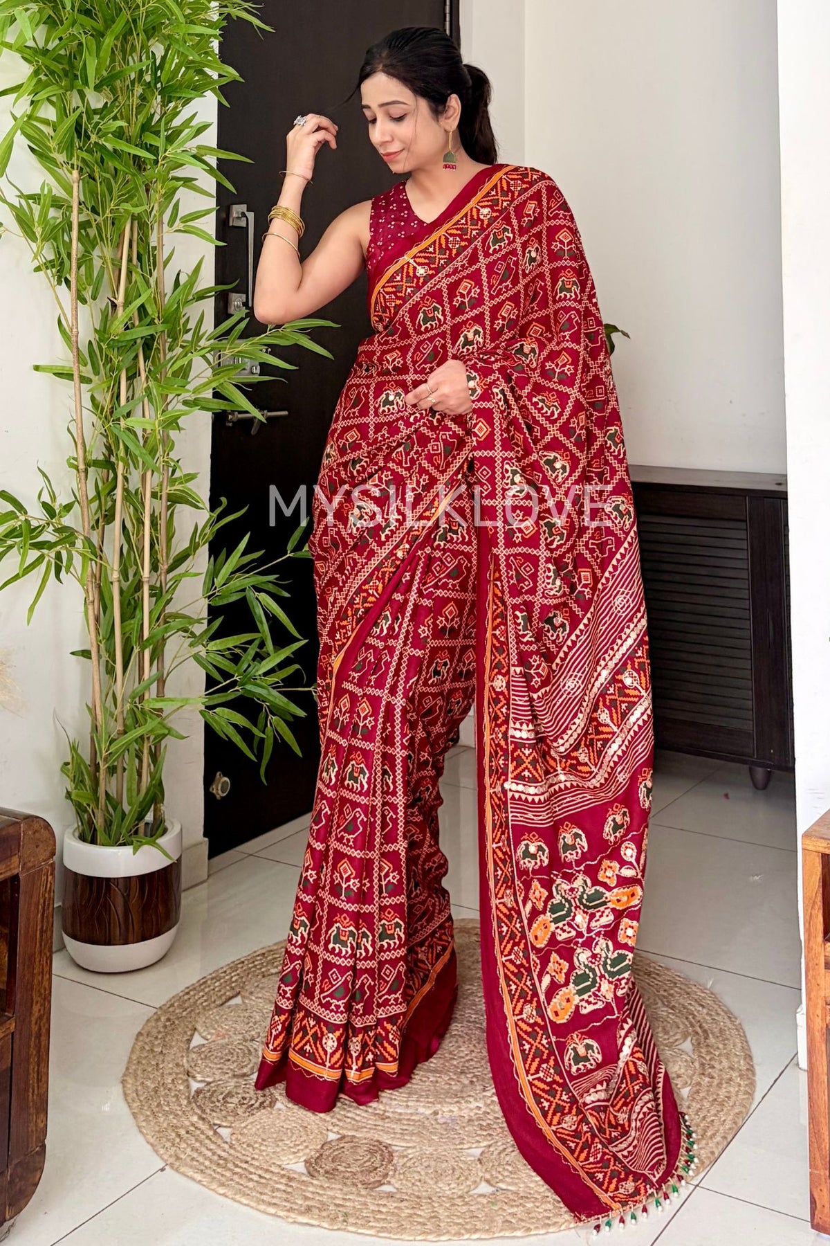 Buy MySilkLove Cherry Red Patola Embroidery Small Mirror Work Handloom Saree Online