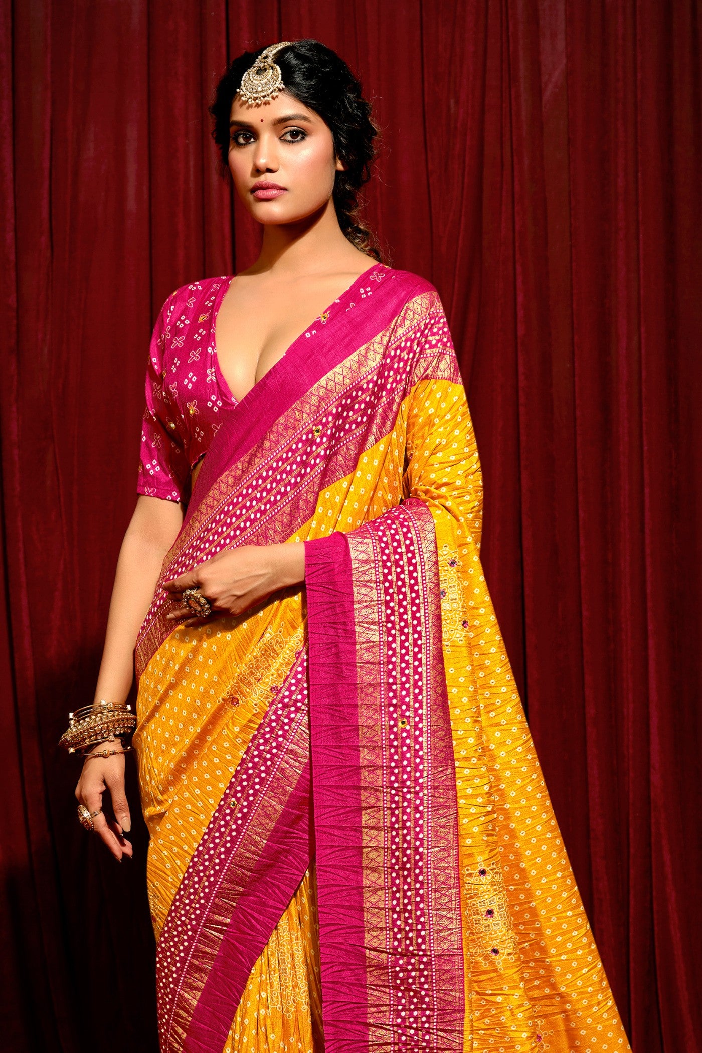 Buy MySilkLove Tulip Yellow Tussar Bandhani Silk Saree Online