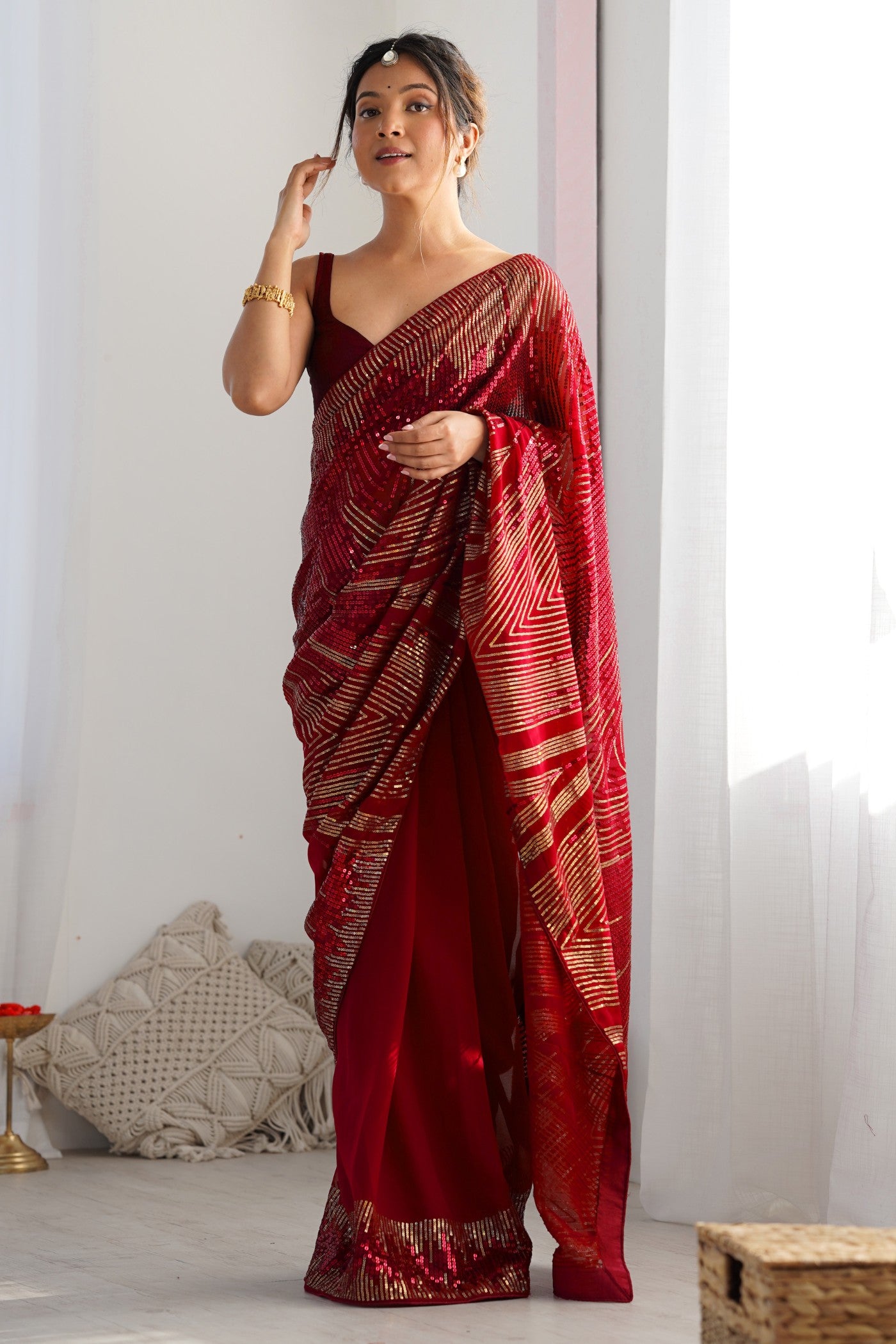 Buy MySilkLove Merlot Red Georgette Partywear Saree Online