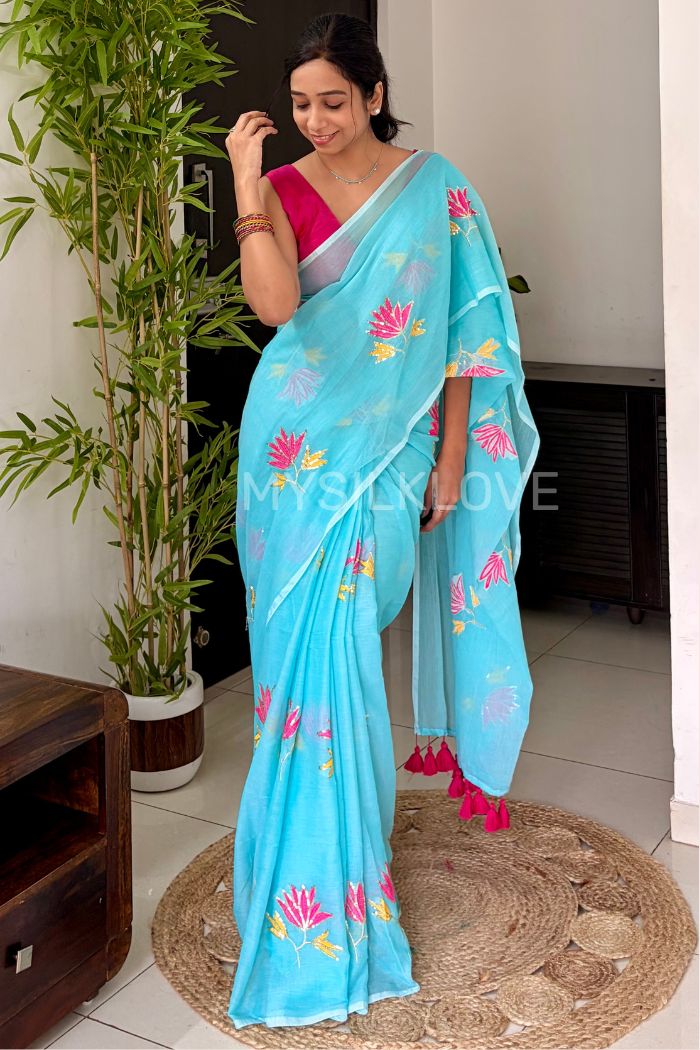 Buy MySilkLove Ocean Blue Pure Mul Mul Cotton Lotus Sequin Work Saree Online