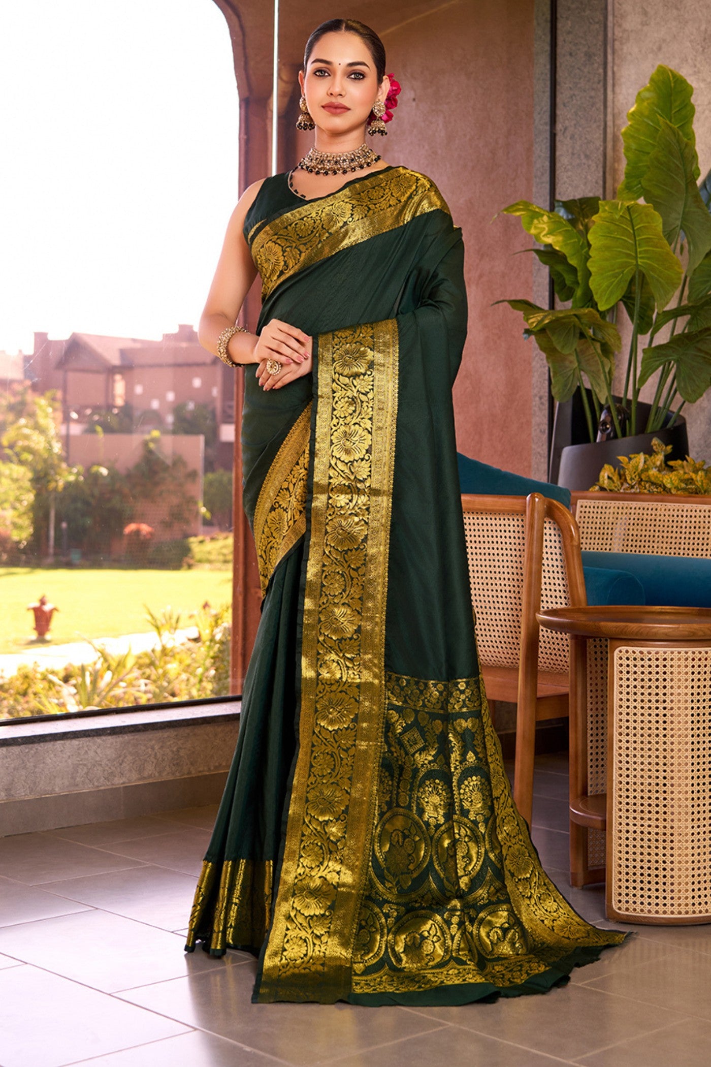 Buy MySilkLove Casal Green Woven Banarasi Saree Online