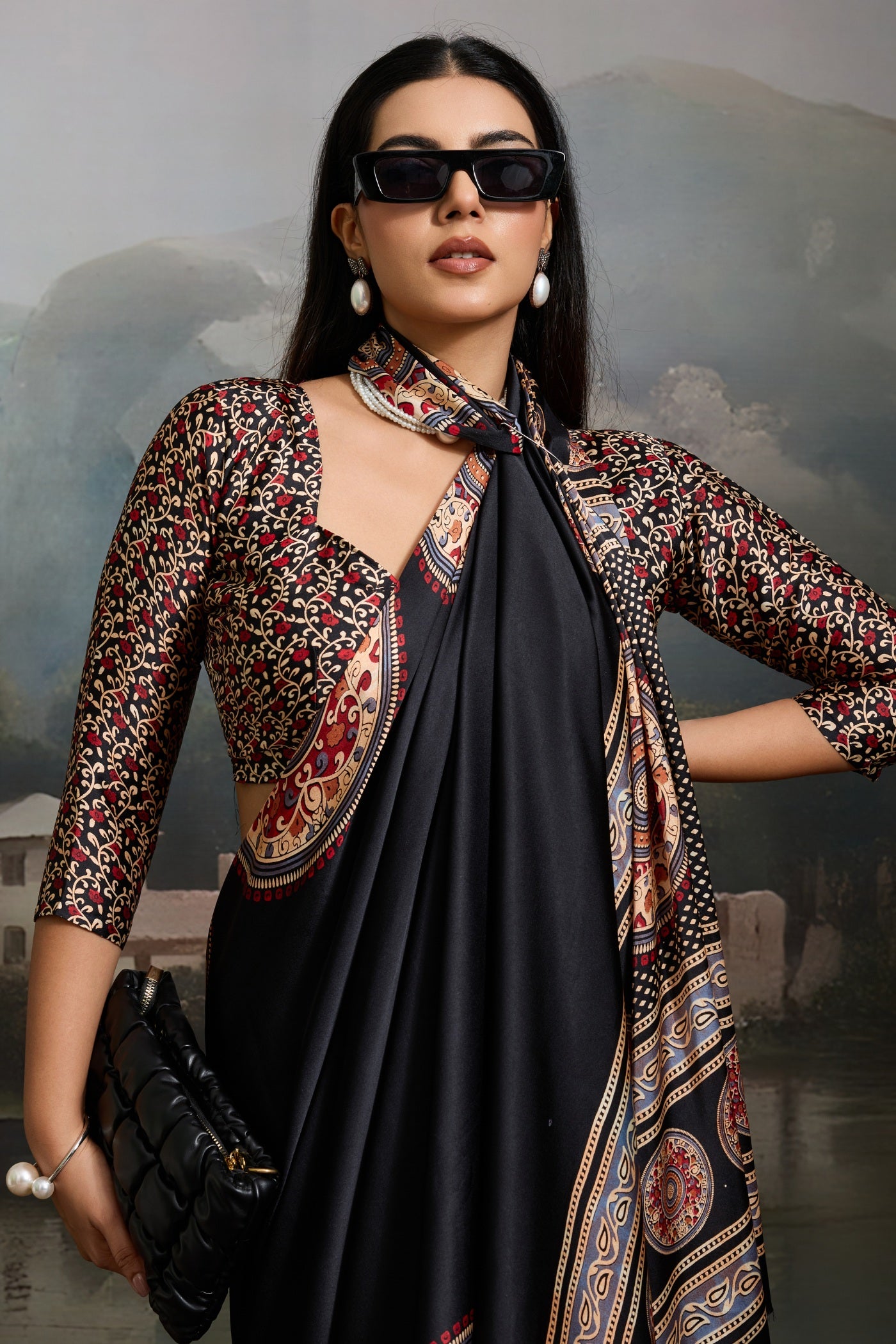 MySilkLove Stone Black Modal Ajrakh Printed Silk Saree