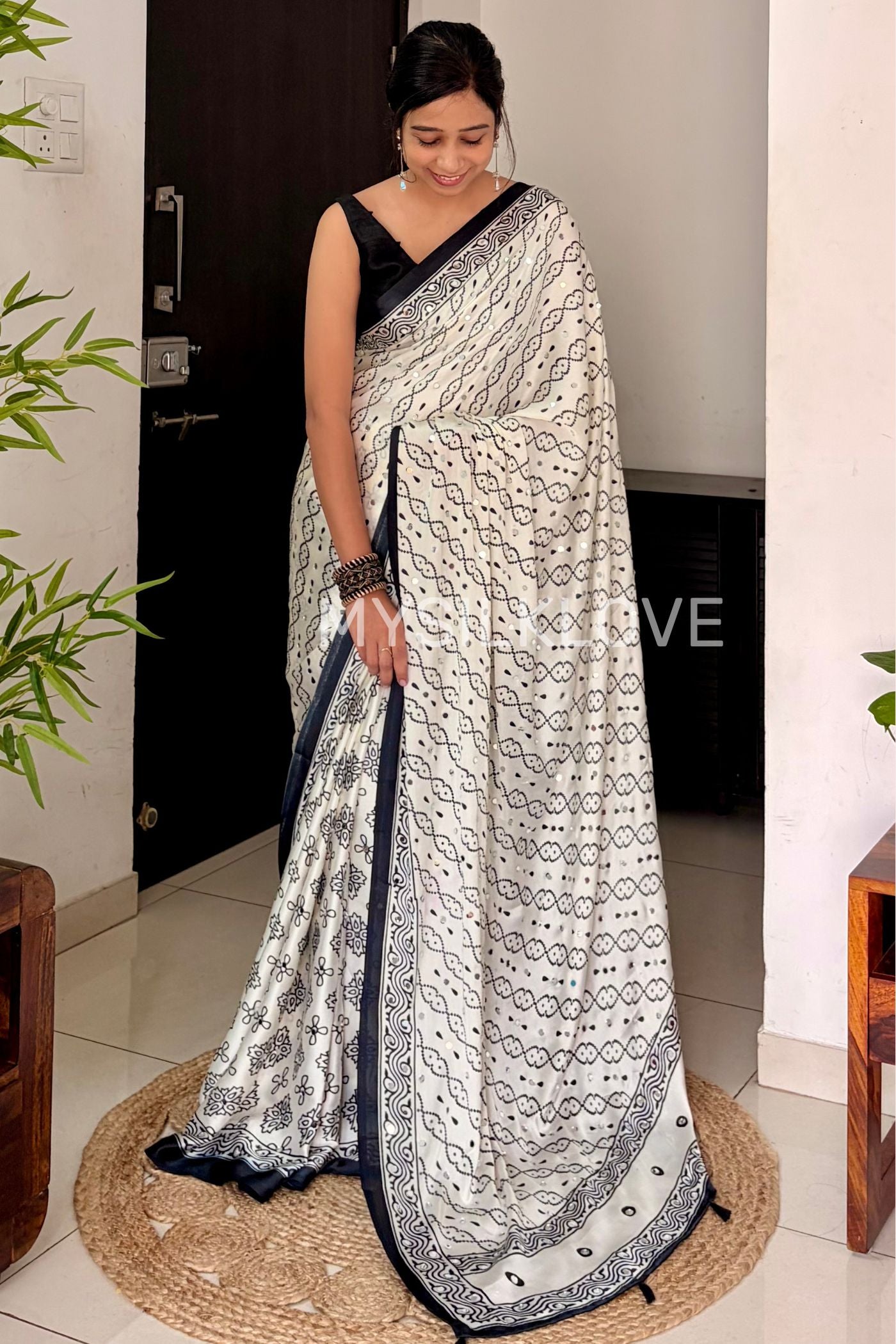 Buy MySilkLove Coconut White and Black Satin Printed Silk Saree Online