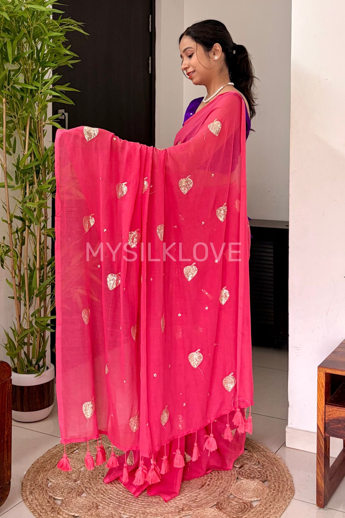 Buy MySilkLove Charm Pink Pure Mul Mul Cotton Leaf Sequin Work Saree Online