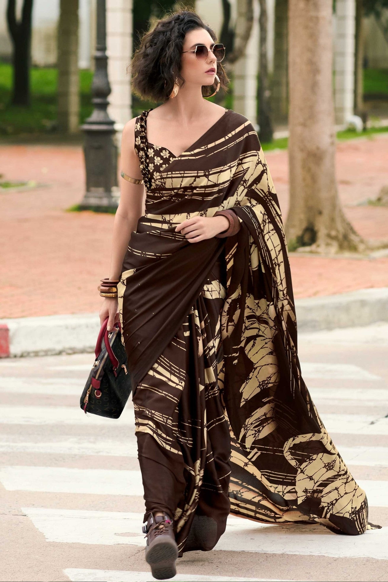 Buy MySilkLove Cold Coffe Brown Printed Satin Crepe Saree Online