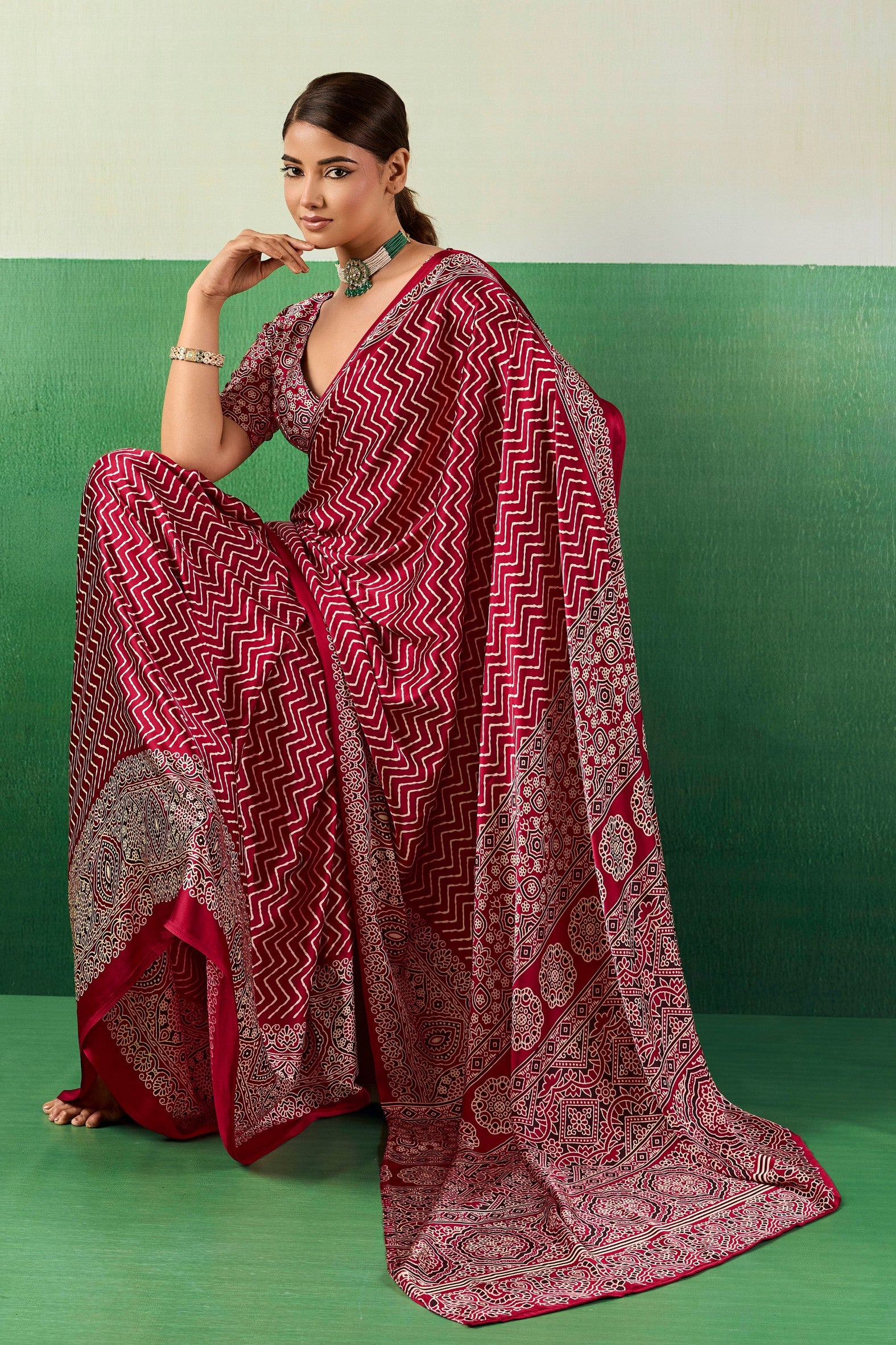 Buy MySilkLove Bittersweet Red Modal Ajrakh Satin Printed Silk Saree Online