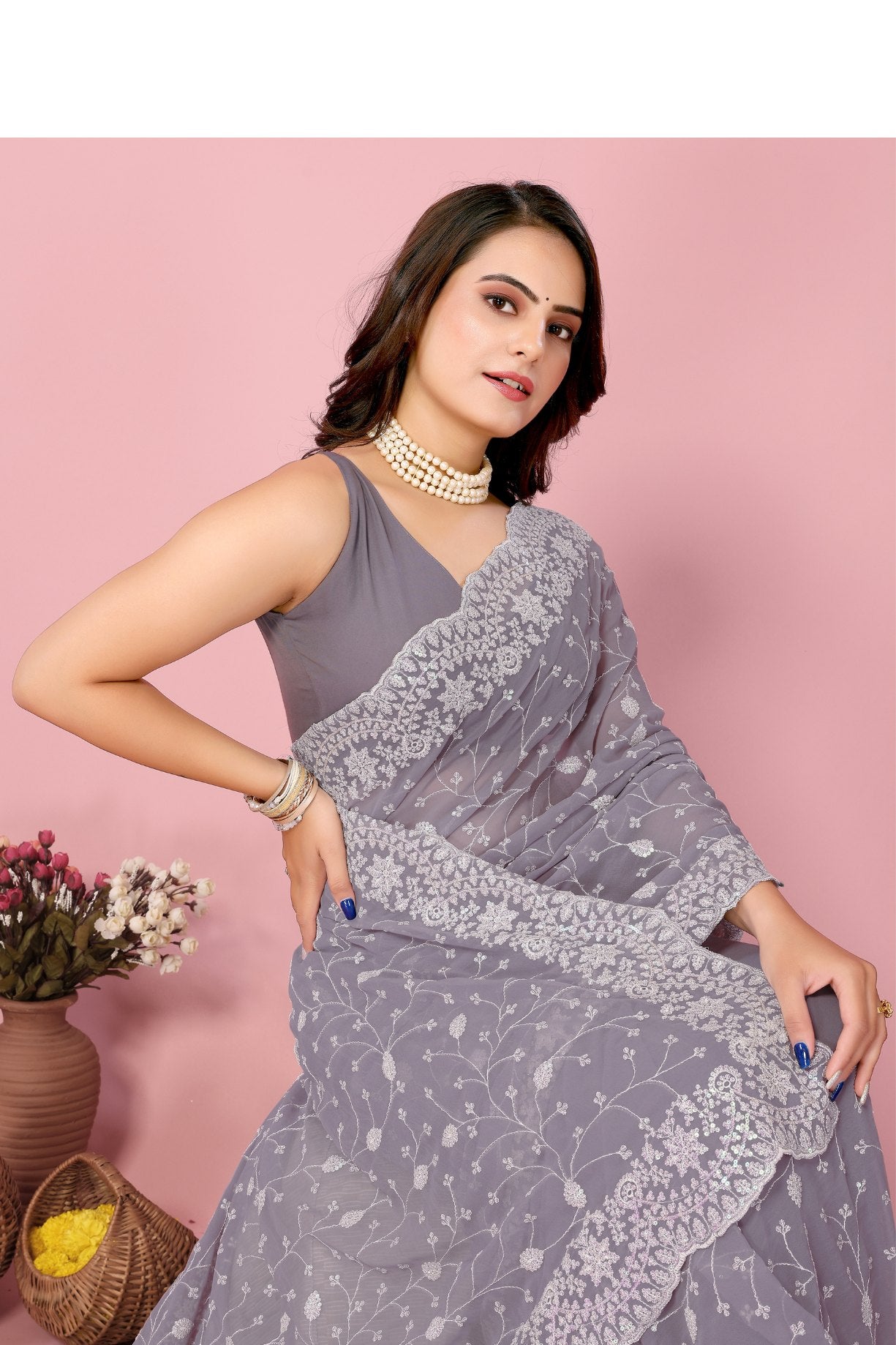 Buy MySilkLove Mountain Mist Grey Georgette Embroidered Silk Saree Online