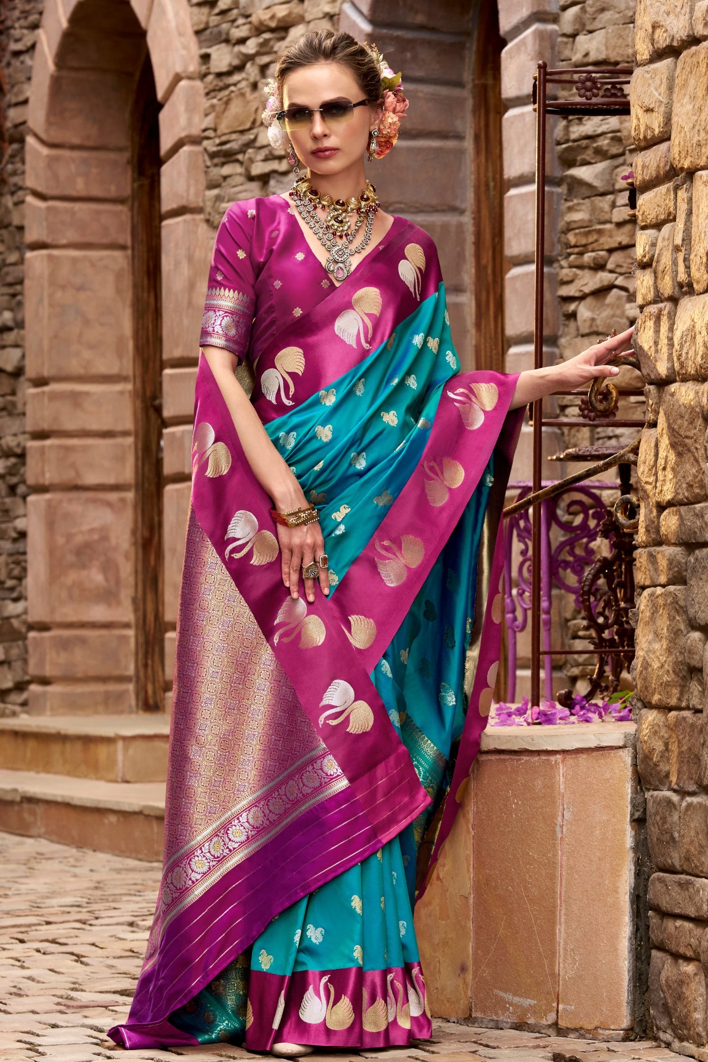 MySilkLove Trypan Blue Woven Satin Soft Silk Saree