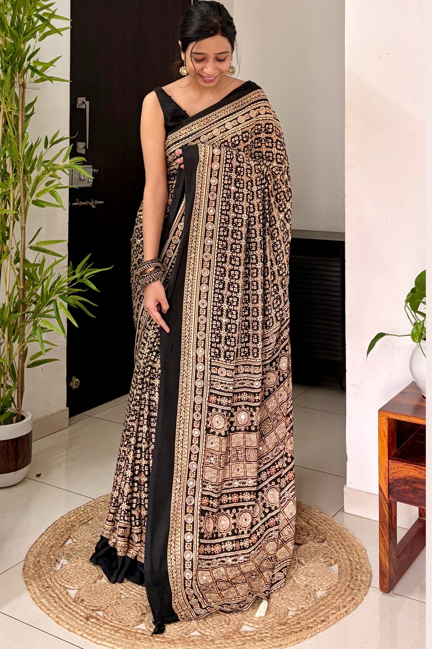 Buy MySilkLove Metal Black Modal Ajrakh Satin Printed Mirror Work Saree Online