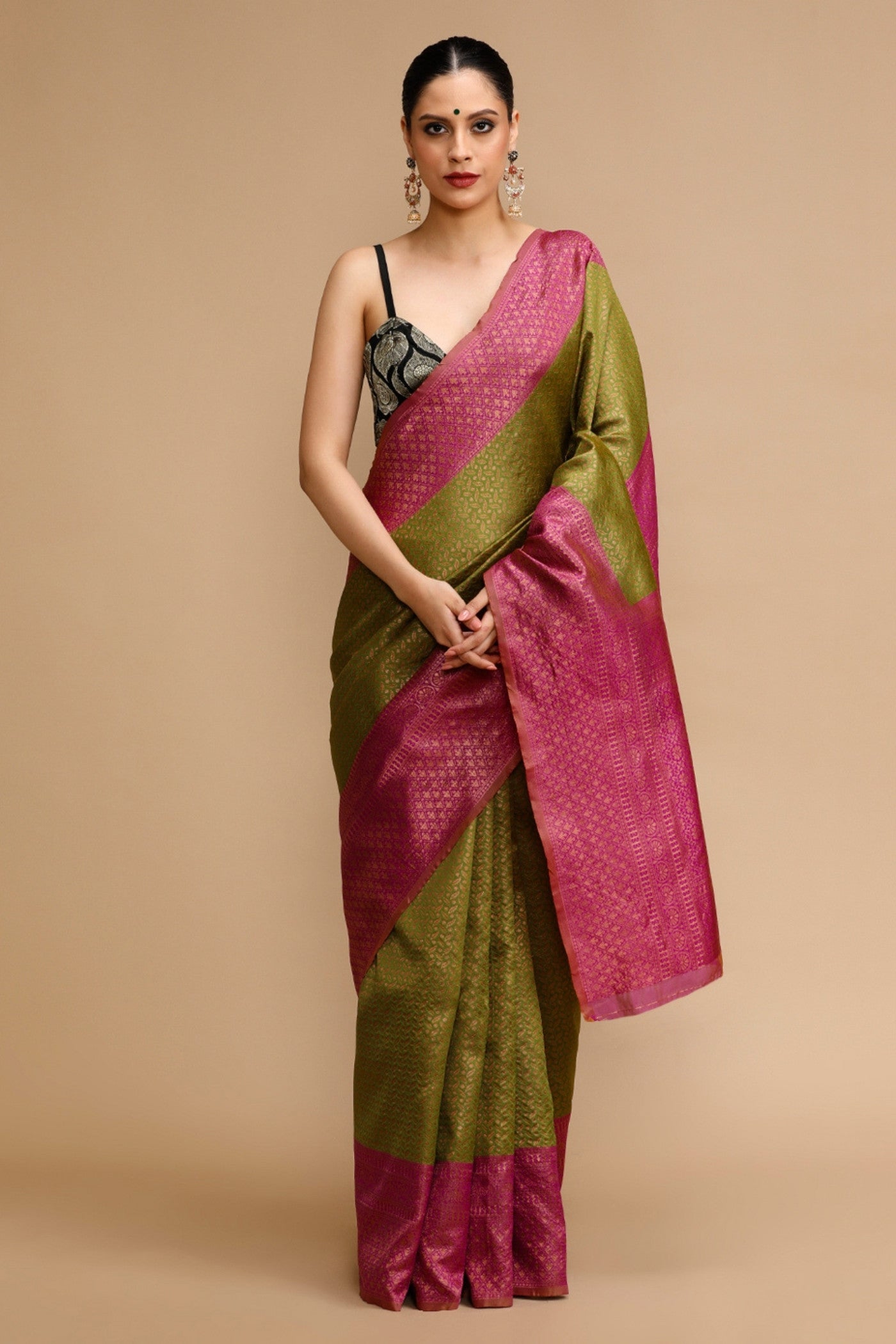 Buy MySilkLove Sheen Green and Pink Woven Jacquard Lichi Silk Saree Online