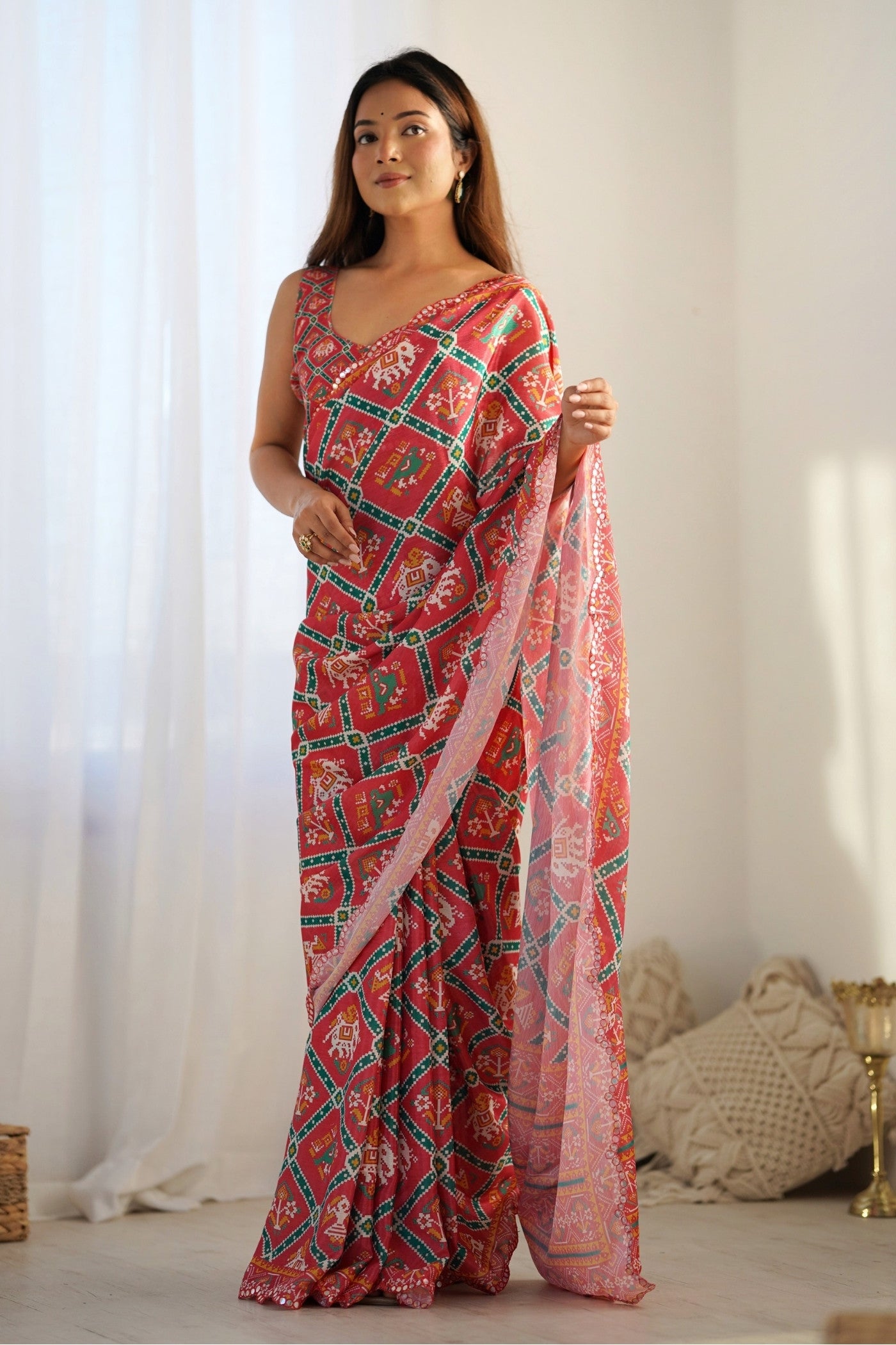 Buy MySilkLove Coral Orange Digital Printed Chinon Saree Online