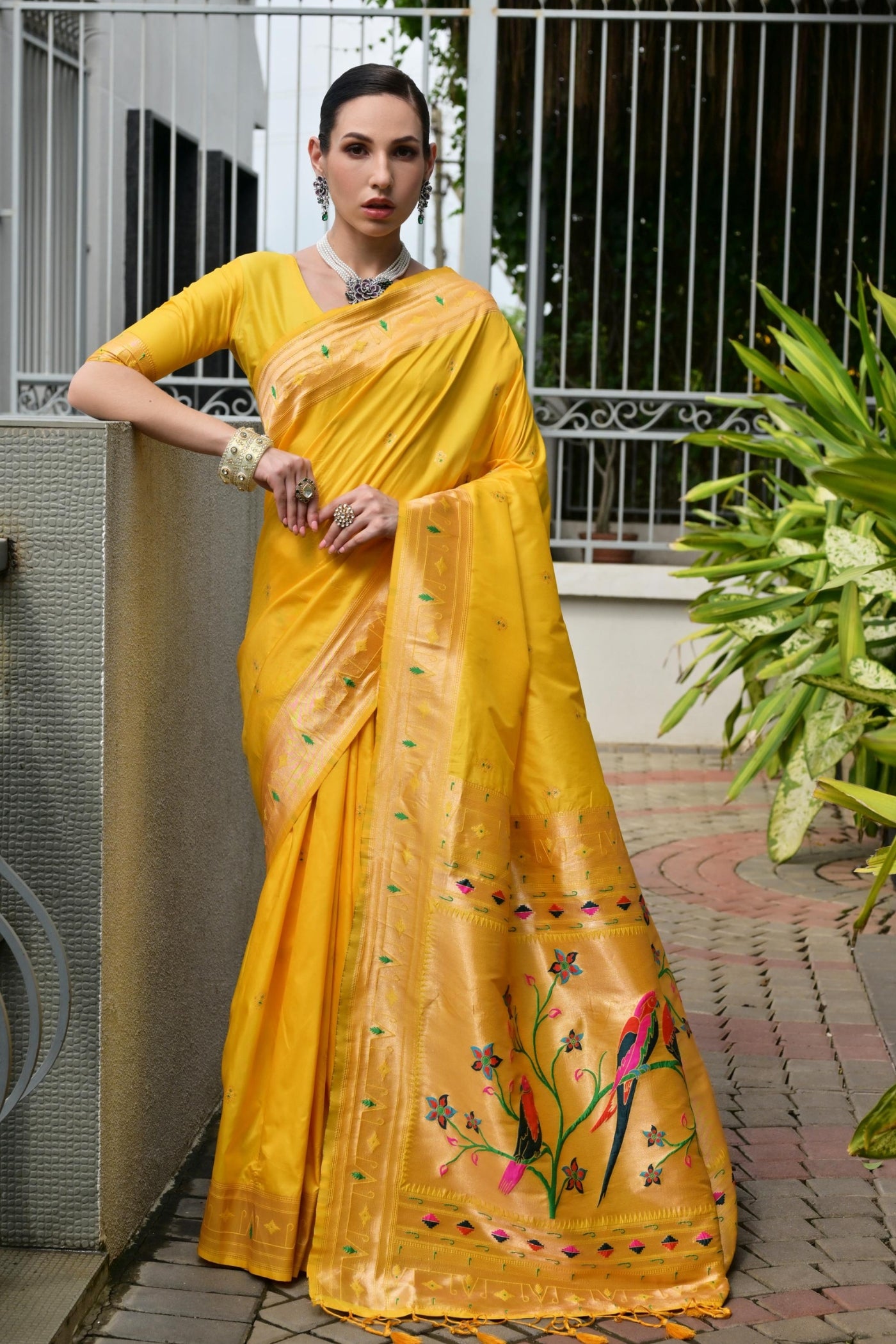 Buy MySilkLove Coneflowers Yellow Woven Paithani Saree Online