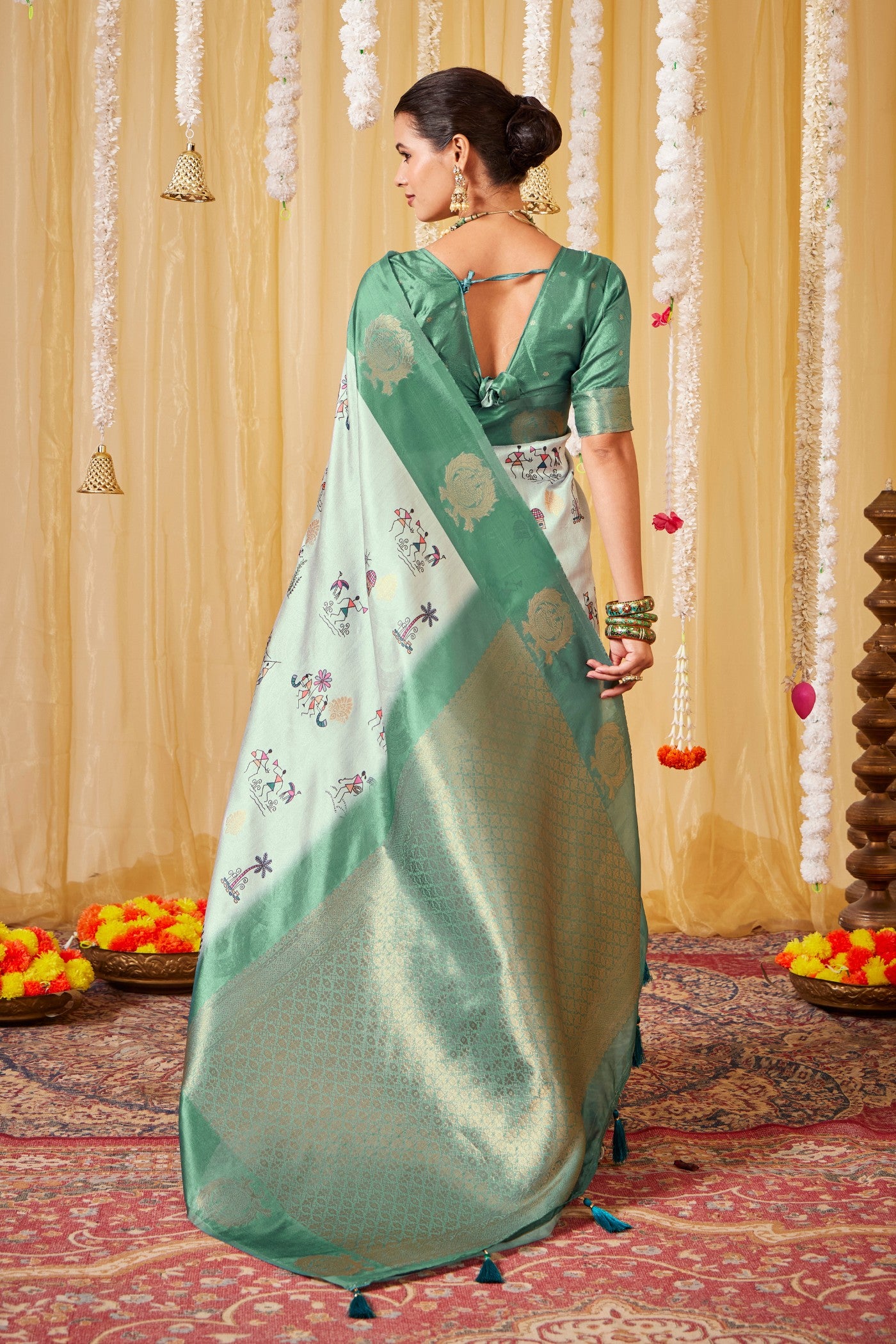 Buy MySilkLove Mist Green Kalamkari Printed Saree Online