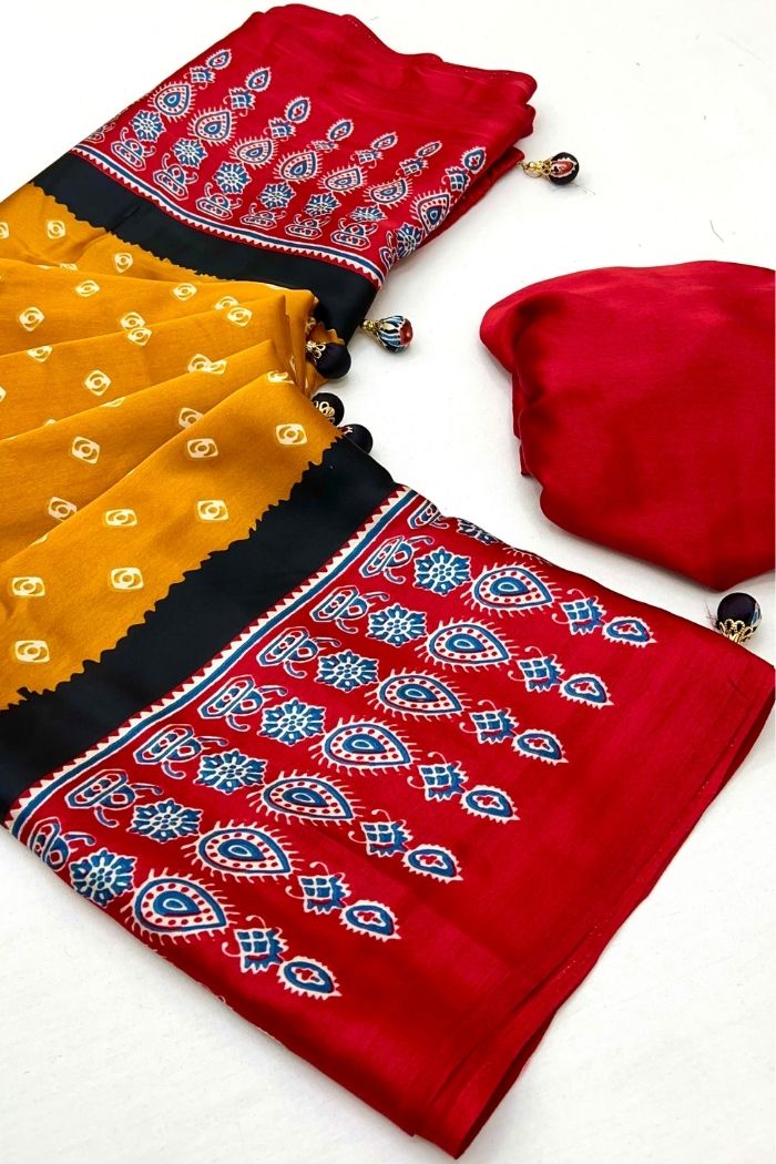 Buy MySilkLove Sunset Yellow and Red Ajrakh Printed Satin Gaji Silk Saree Online