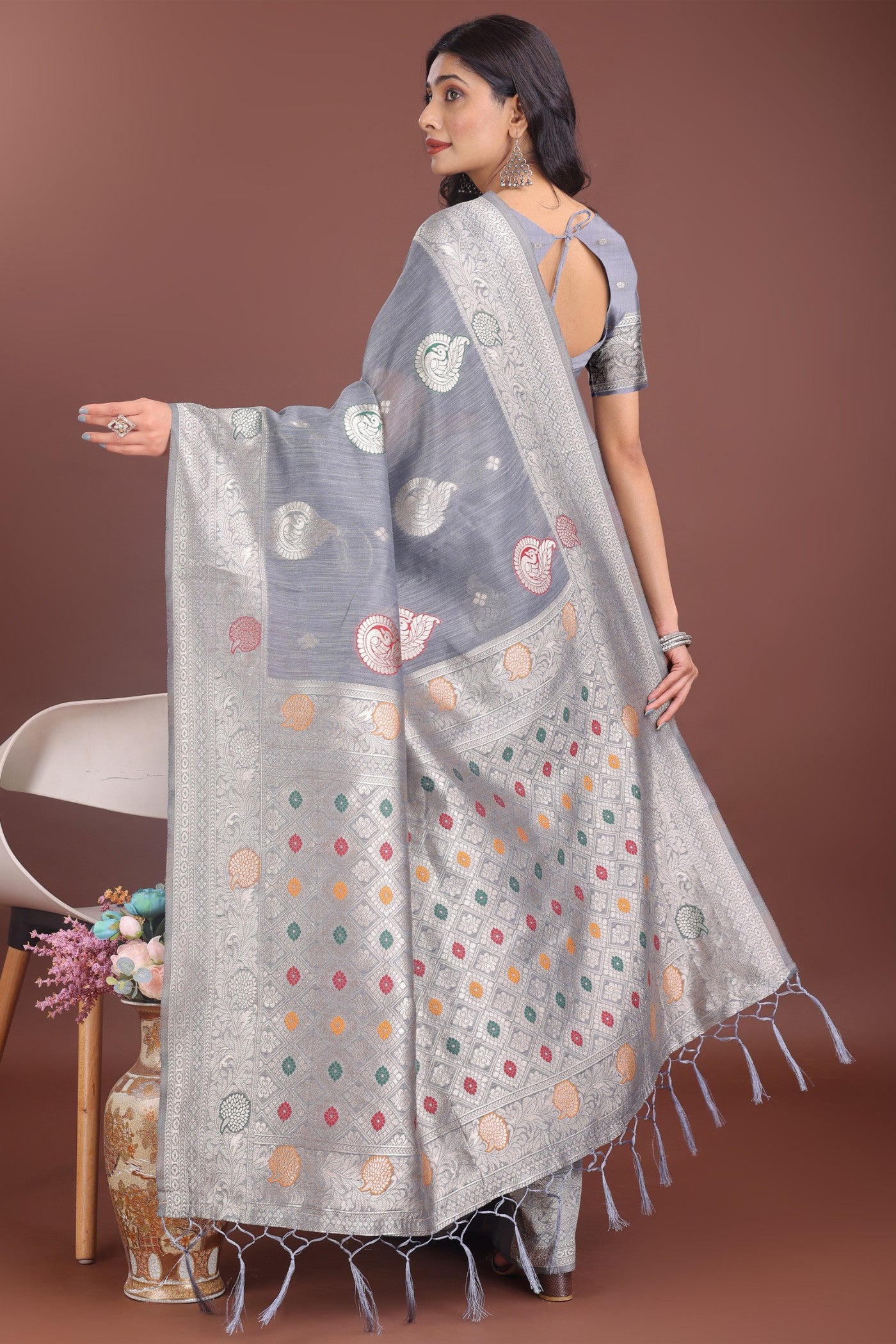 Buy MySilkLove Coral Grey Linen Cotton Saree Online