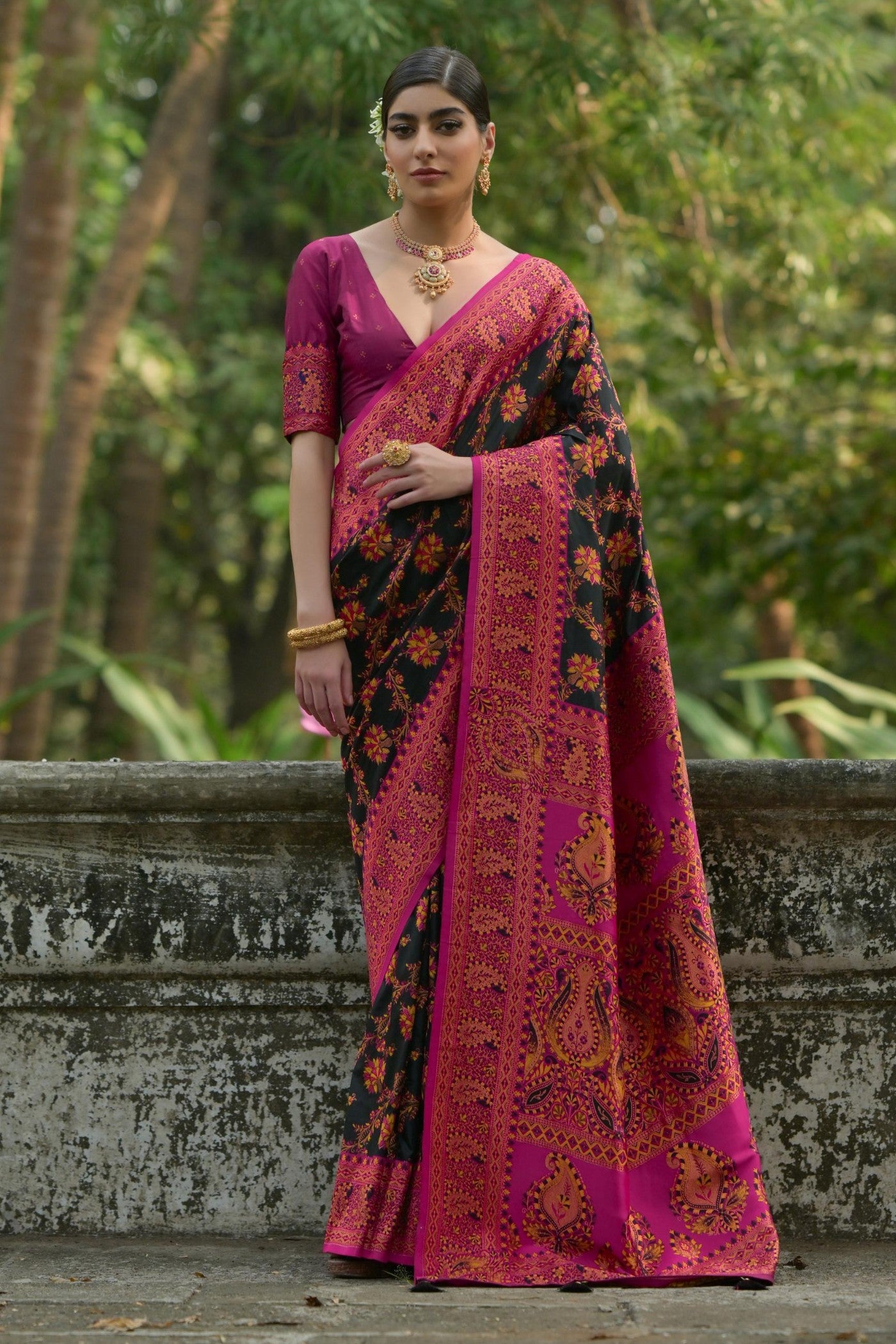 Buy MySilkLove Graphite Black Woven Pashmina Silk Saree Online