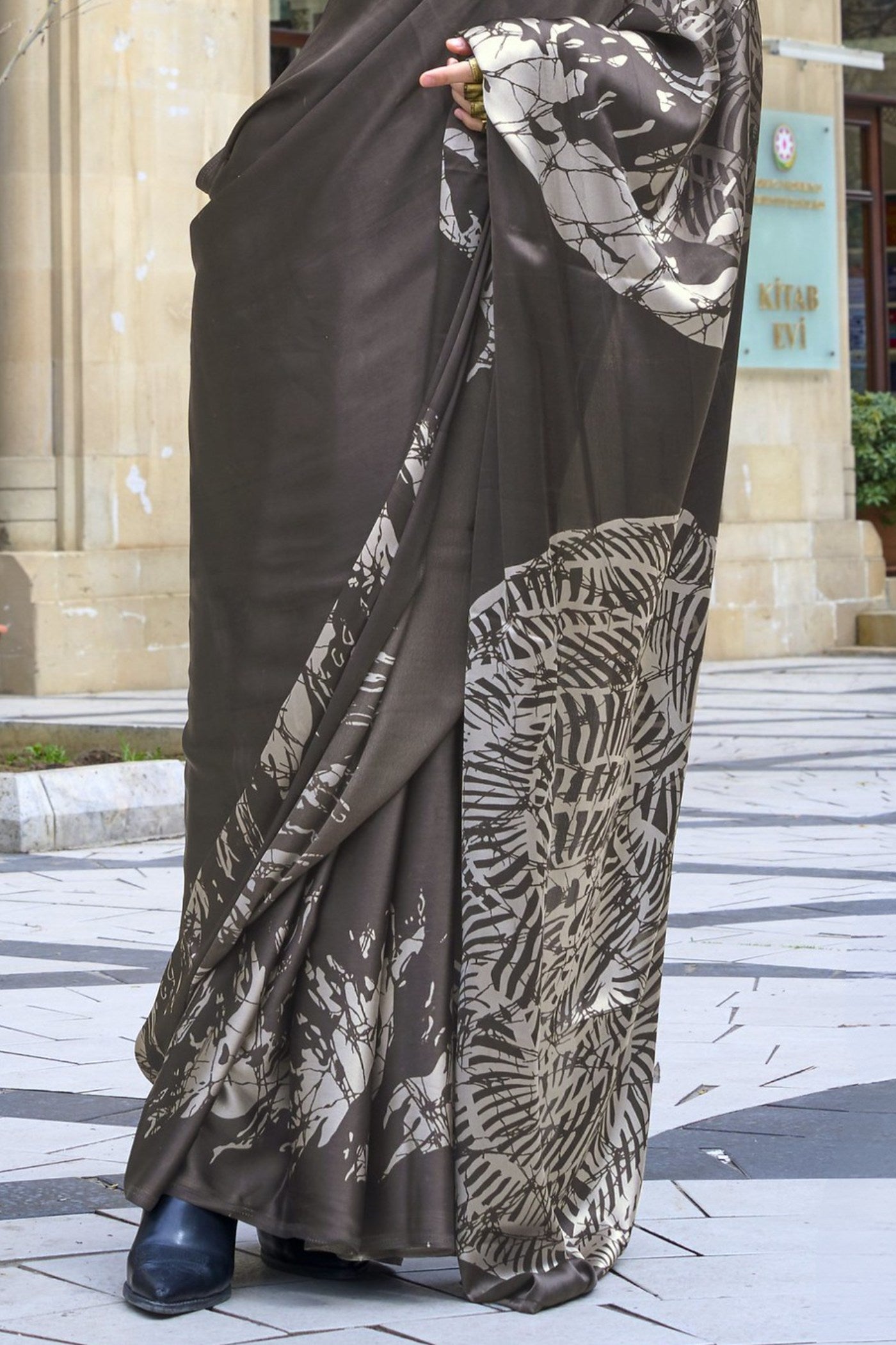 Buy MySilkLove Cedar Brown Printed Satin Crepe Silk Saree Online