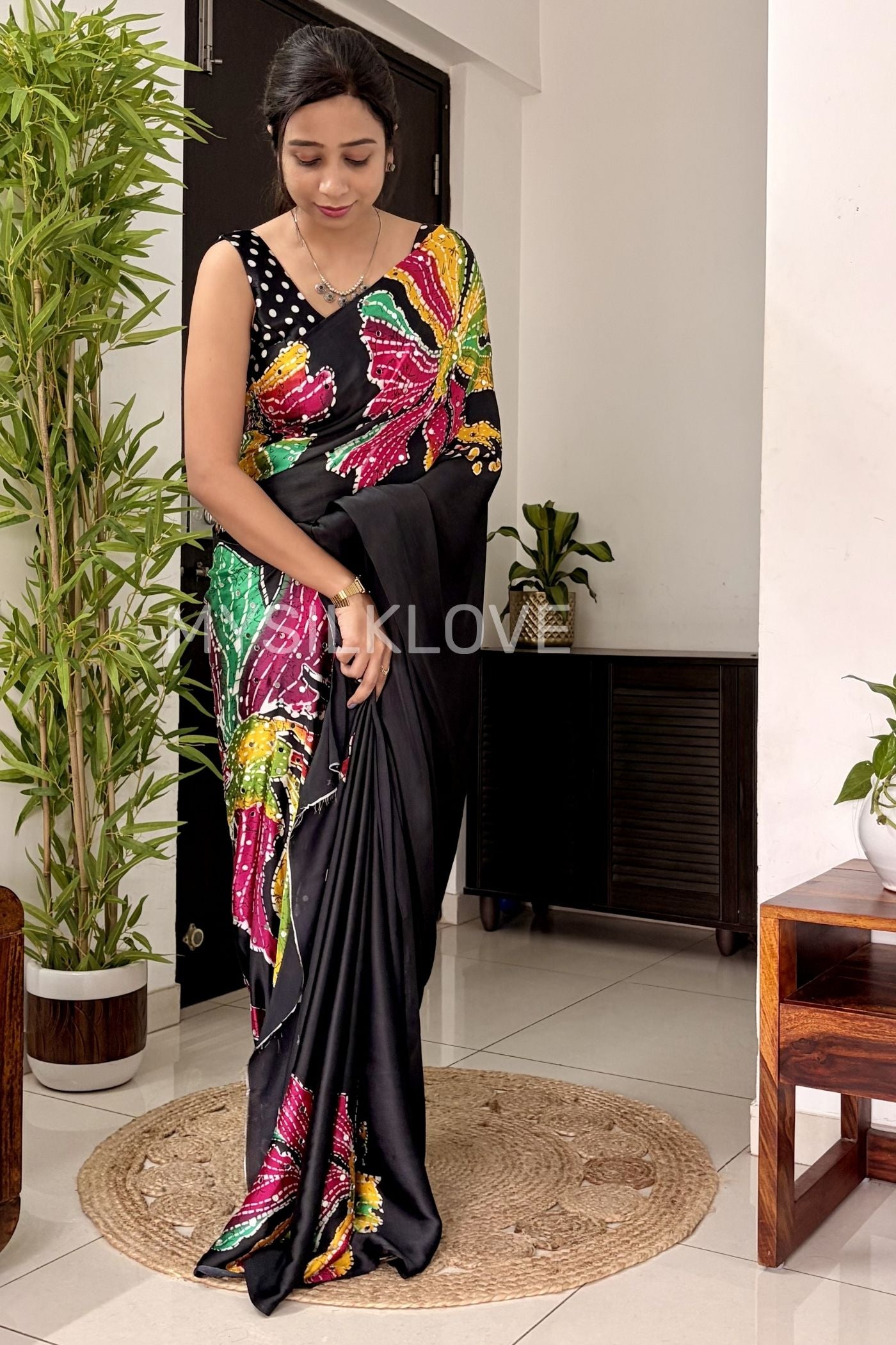 Buy MySilkLove Stone Black Bloom Floral Partywear Satin Silk Saree Without Blouse Online