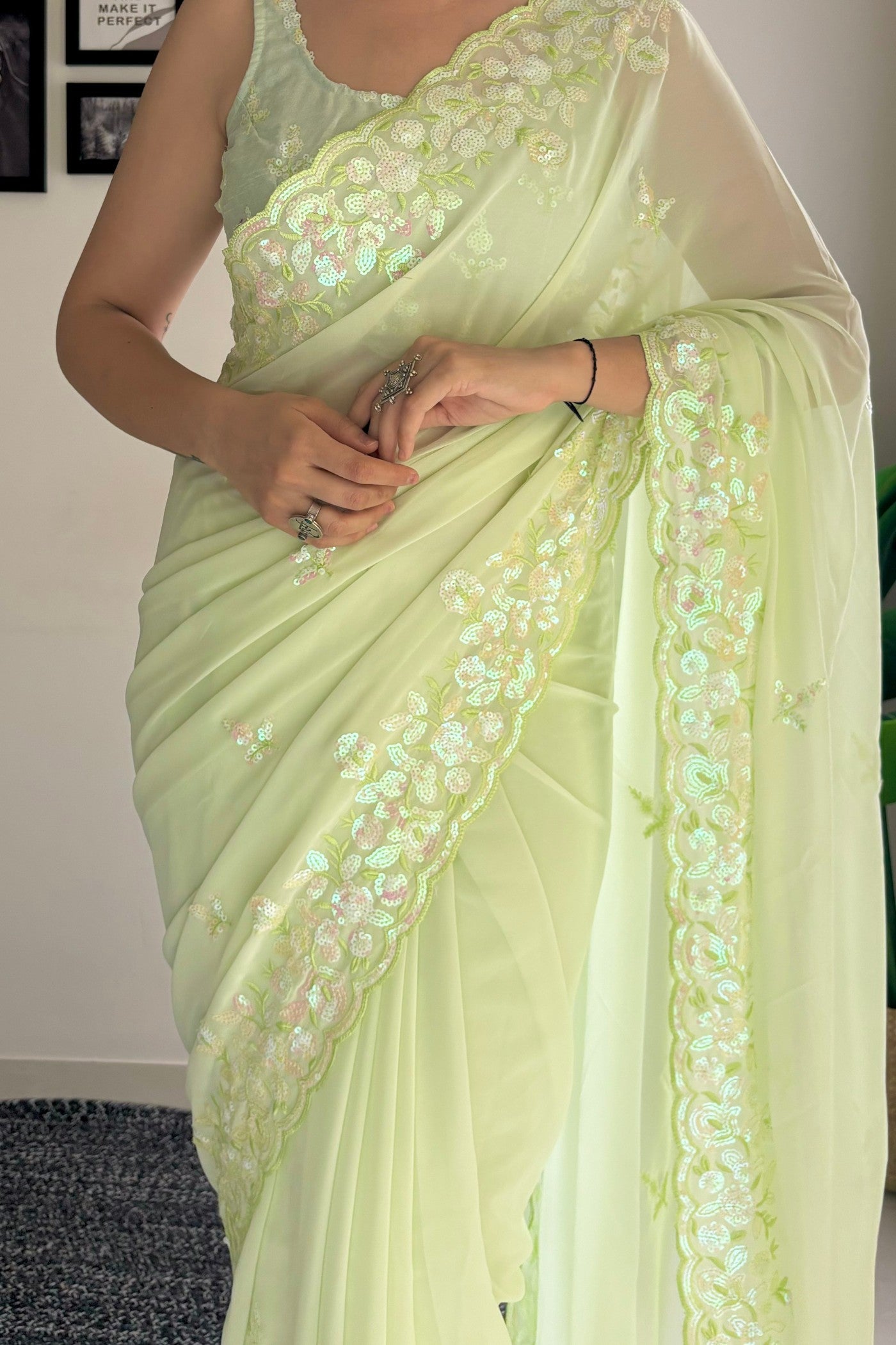 Buy MySilkLove Pineapple Green Embroidery Georgette saree Online