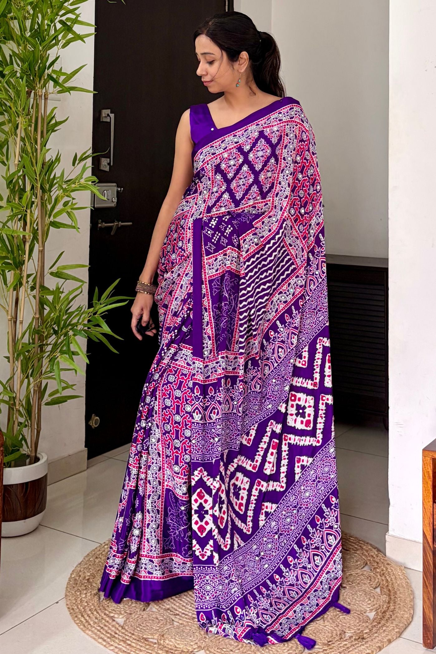 Buy MySilkLove Insolent Purple Ajrakh Satin Printed Mirror Work Saree Online