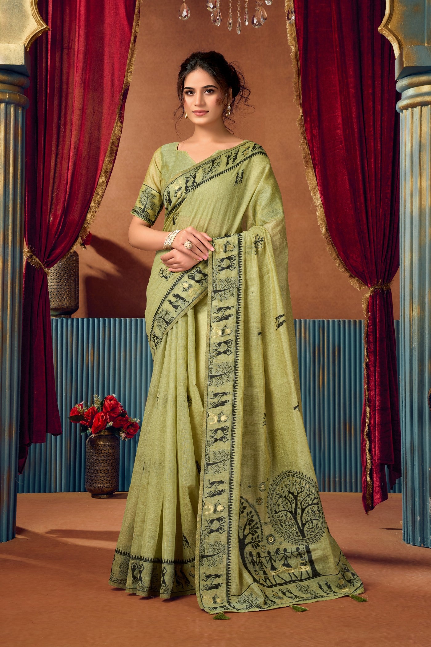 Buy MySilkLove Pista Green Woven Modal Cotton Saree Online