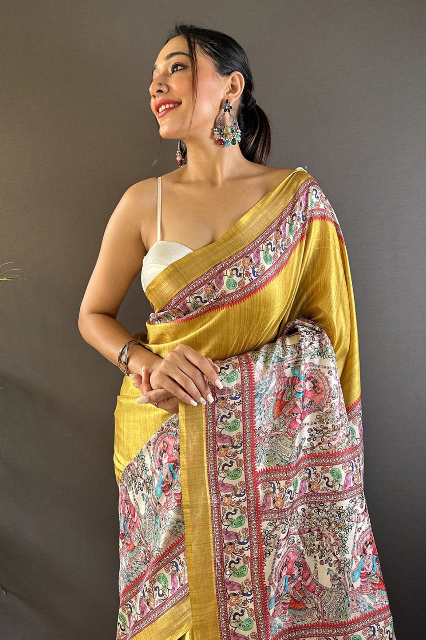 MySilkLove Anzac Yellow Madhubani Printed Tussar Silk Saree