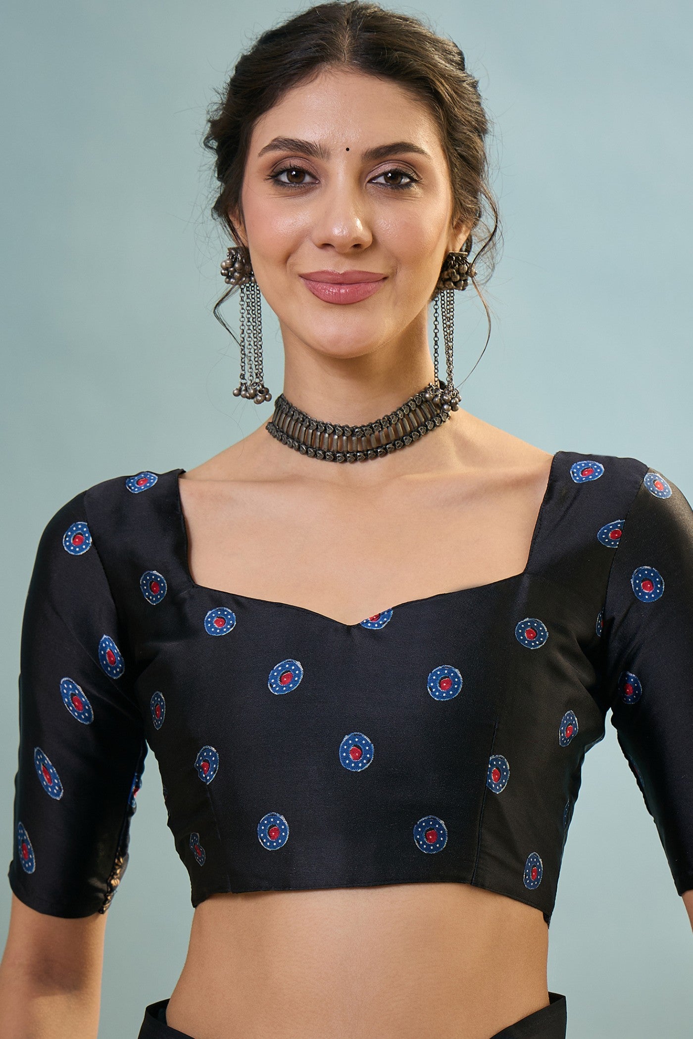 Buy MySilkLove Holo Blue Ajrakh Printed Satin Crepe Silk Saree Online