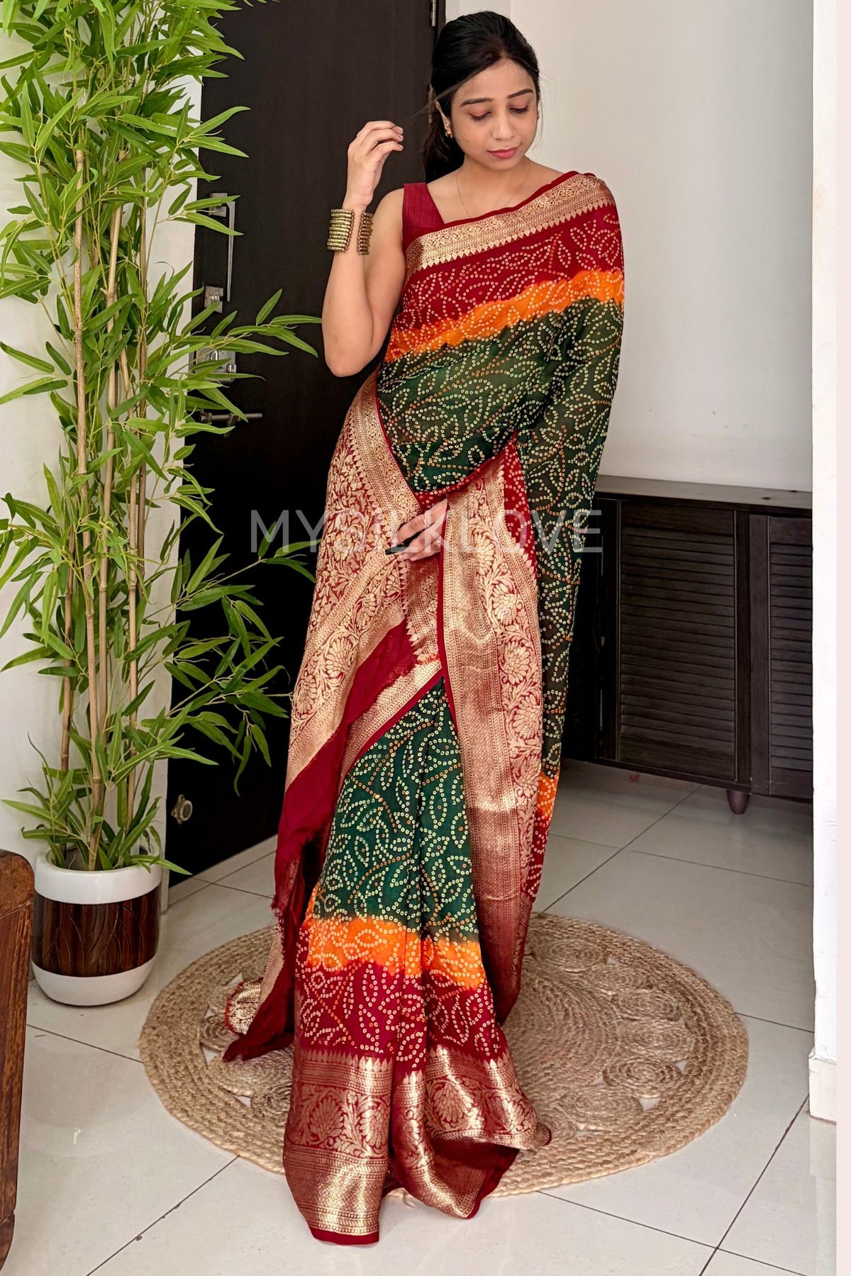 Buy MySilkLove Forest Green and Red Bandhani Zari Woven Silk Saree Online