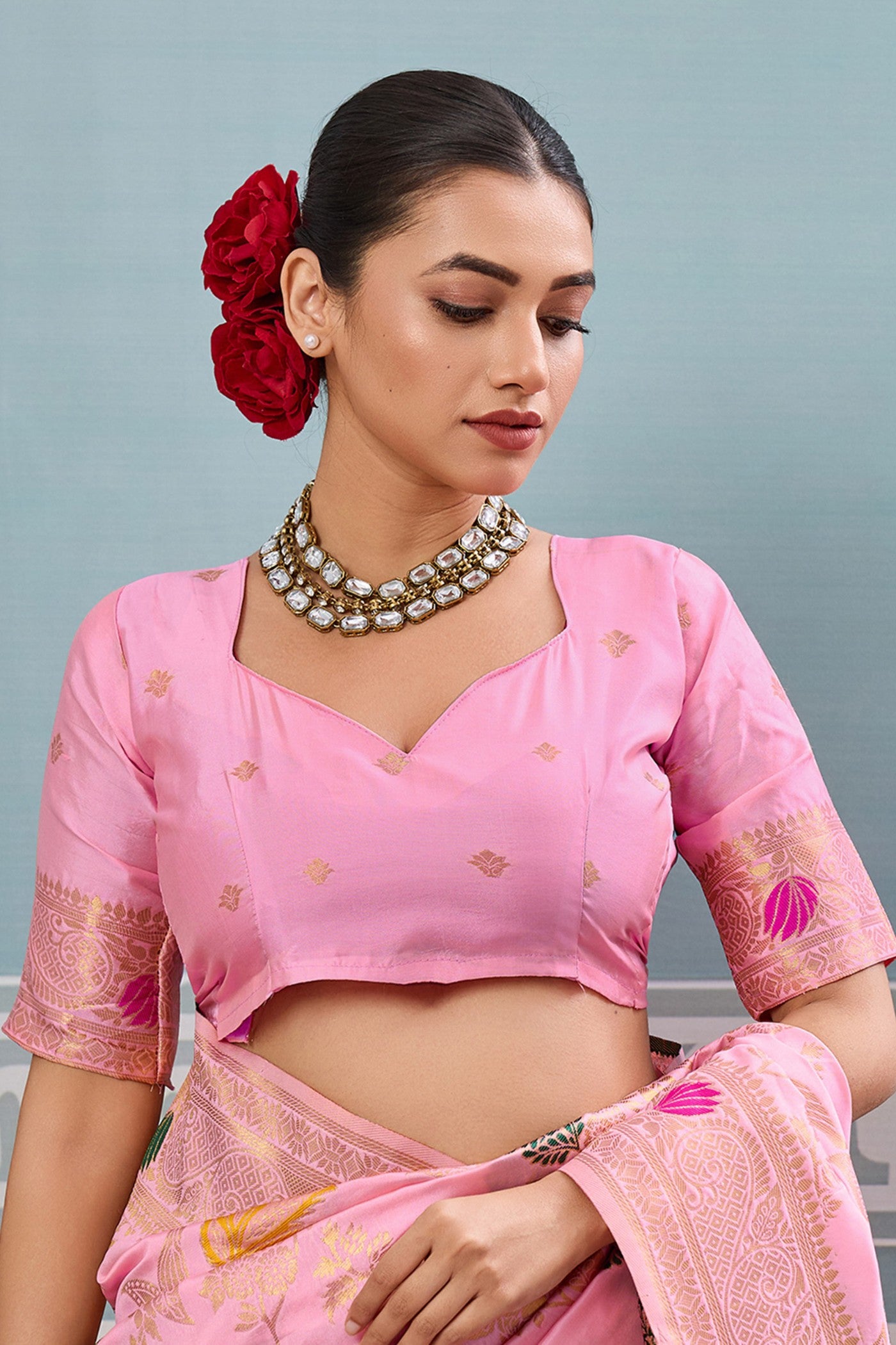 Buy MySilkLove Salmon Pink Woven Banarasi Saree Online