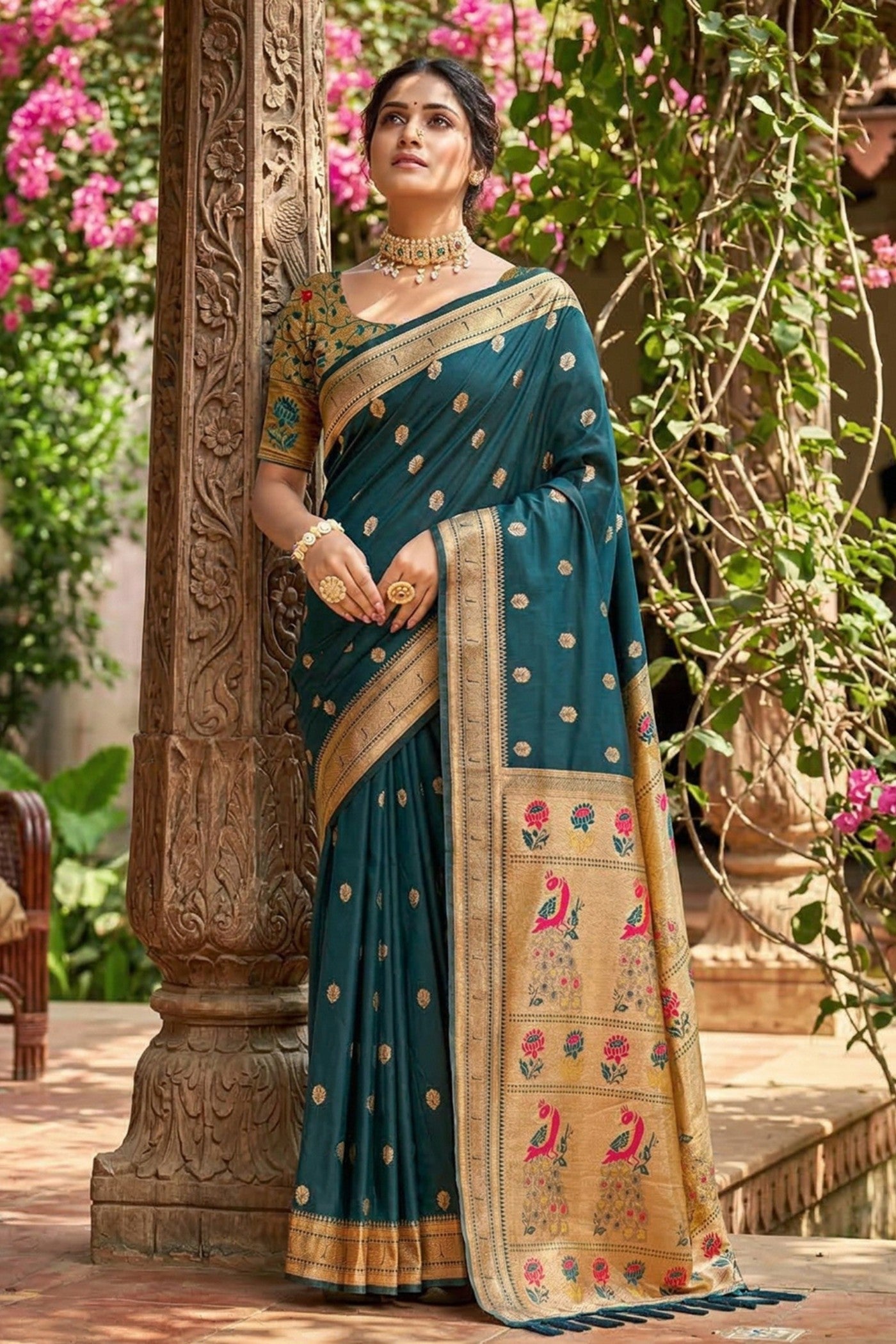 Buy MySilkLove Bottle Green Zari Woven Paithani Saree Online